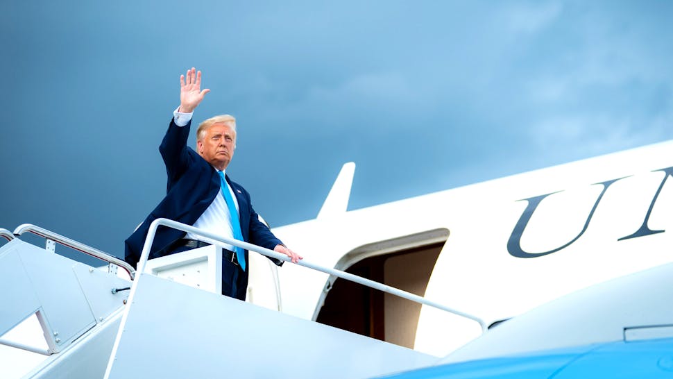 Trump President Donald J. Trump waves as he boards Air Force One at Joint Base Andrews, Md. Thursday, Sept. 3, 2020, and en route to Arnold Palmer Regional Airport in Latrobe, Pa.