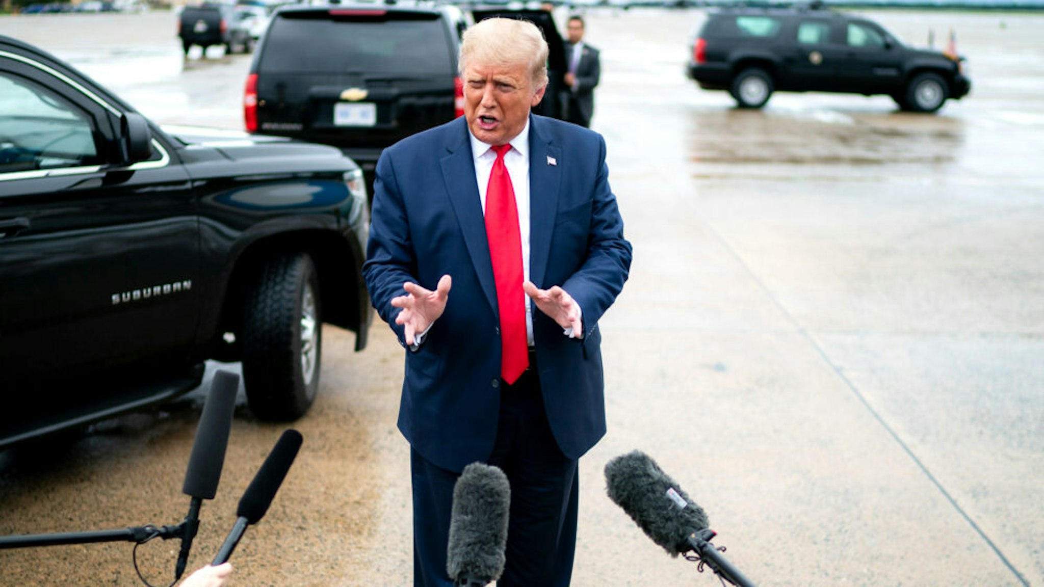 President Donald J. Trump speaks with reporters Thursday, Sept. 10, 2020, at Joint Base Andrews, Md., prior to boarding Air Force One for his trip to Michigan.