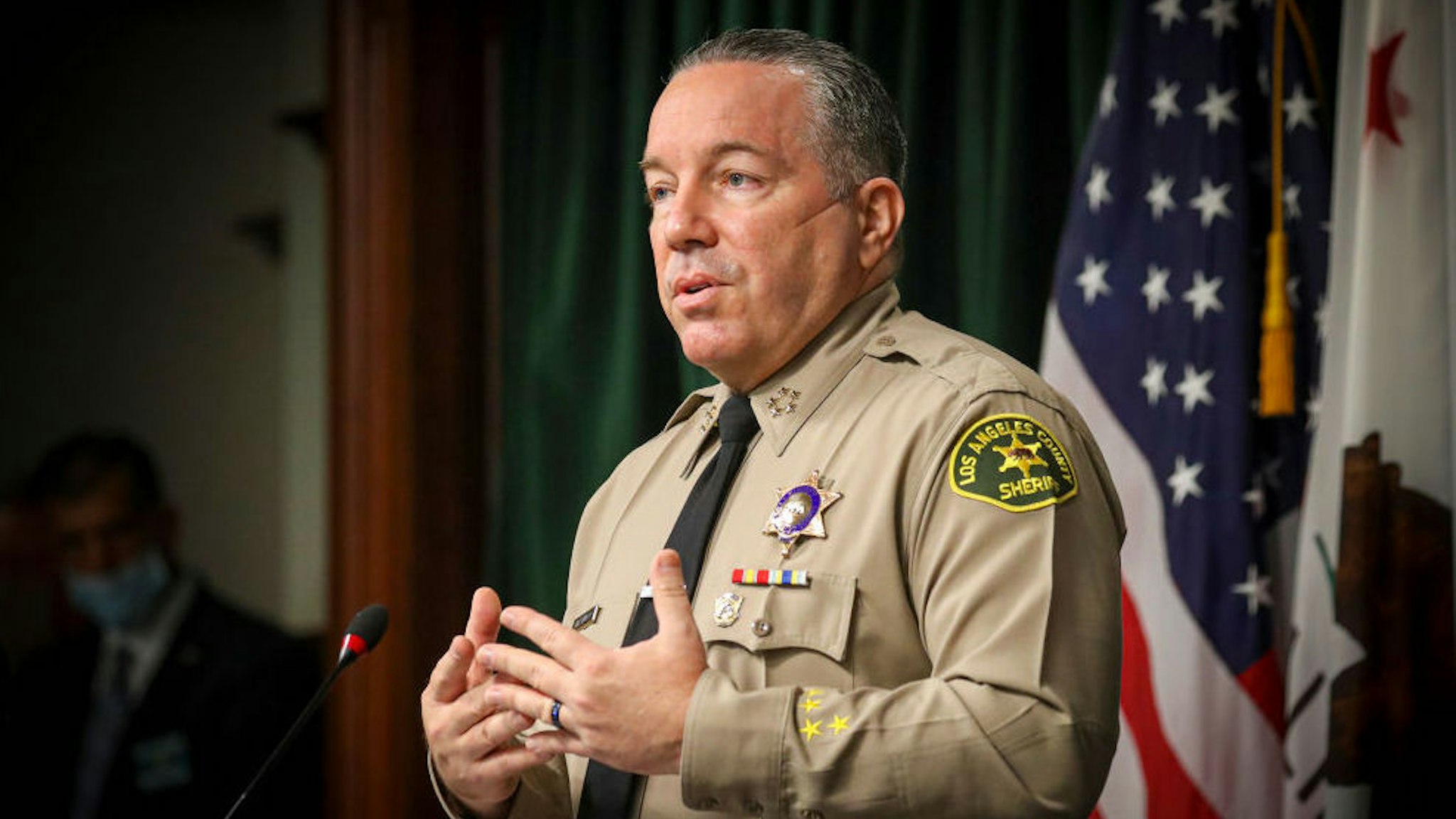 LOS ANGELES, CA - AUGUST 12: Sheriff Alex Villanueva speaks at a news conference to give an update on the fatal shooting by a deputy of Andres Guardado on June 18 near Gardena. in Hall of Justice on Wednesday, Aug. 12, 2020 in Los Angeles, C