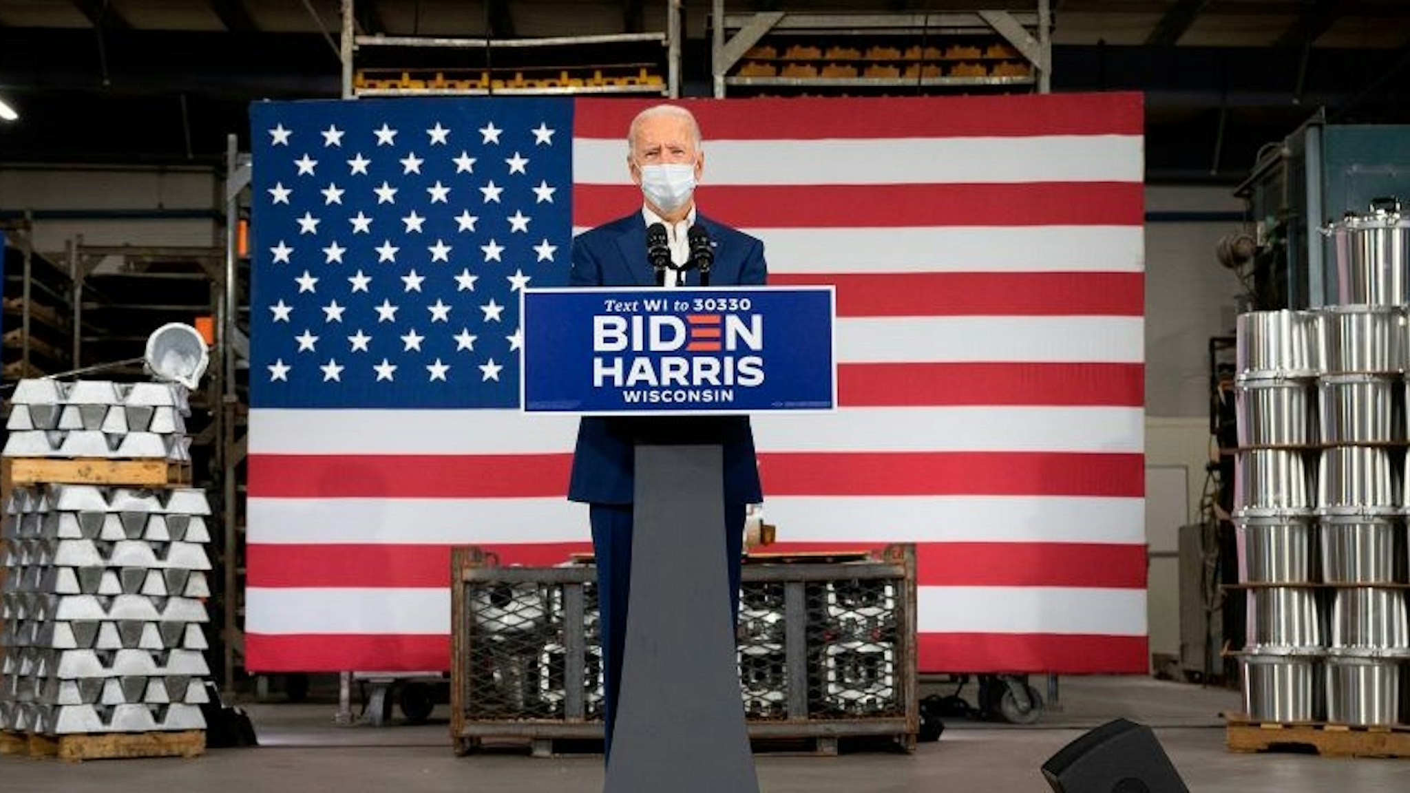 Democratic Presidential Candidate Joe Biden delivers remarks at an aluminum manufacturing facility in Manitowoc, Wisconsin, on September 21, 2020. (Photo by JIM WATSON / AFP) (Photo by