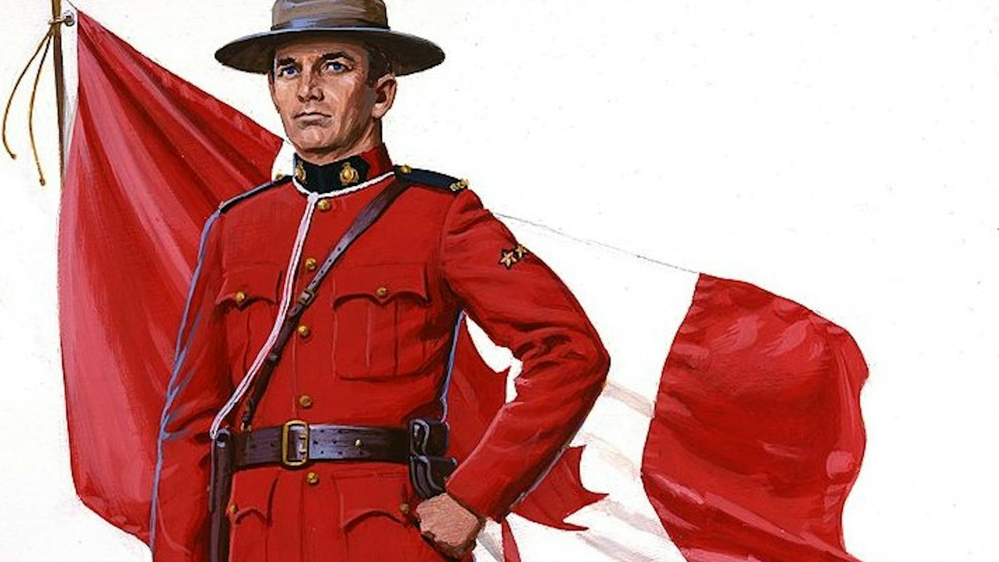 CANADA - 1960: A painting of a Canadian Mounted Policeman aka Mountie and a Canadian Flag in 1960 in Canada. (Illustration by