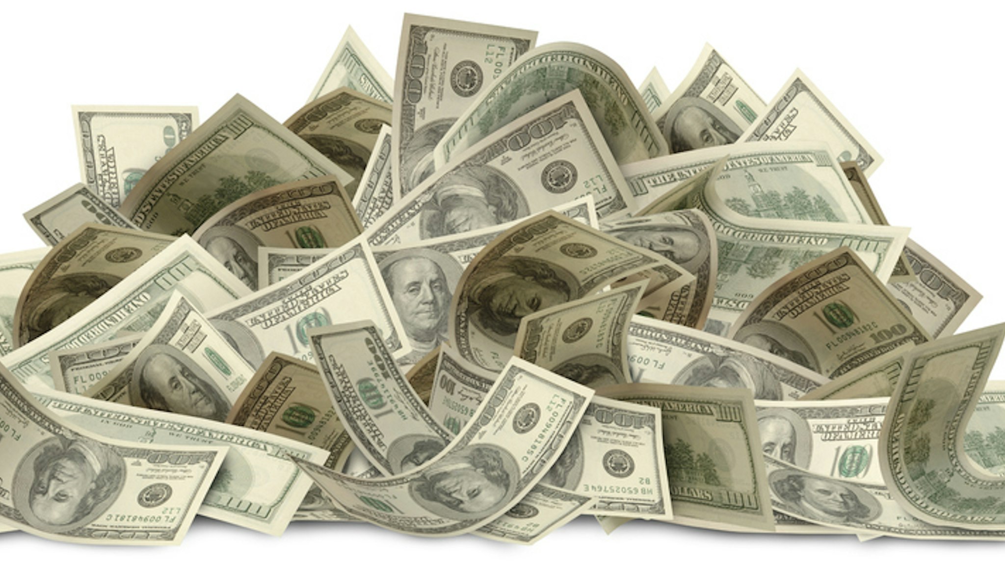 Large Pile of One Hundred Dollar Bills isolated on a white background. Clipping path included. Second of three part series.