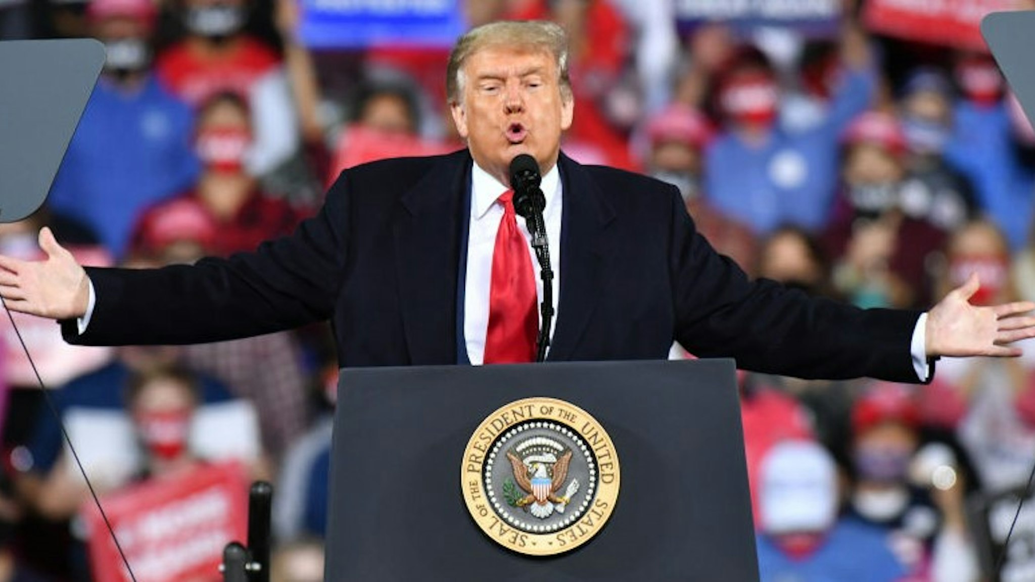 FAYETTEVILLE, USA - SEPTEMBER 19: US President Donald Trump speaks during a Make America Great Again campaign rally in Fayetteville, North Carolina, United States on September 19, 2020. (Photo by