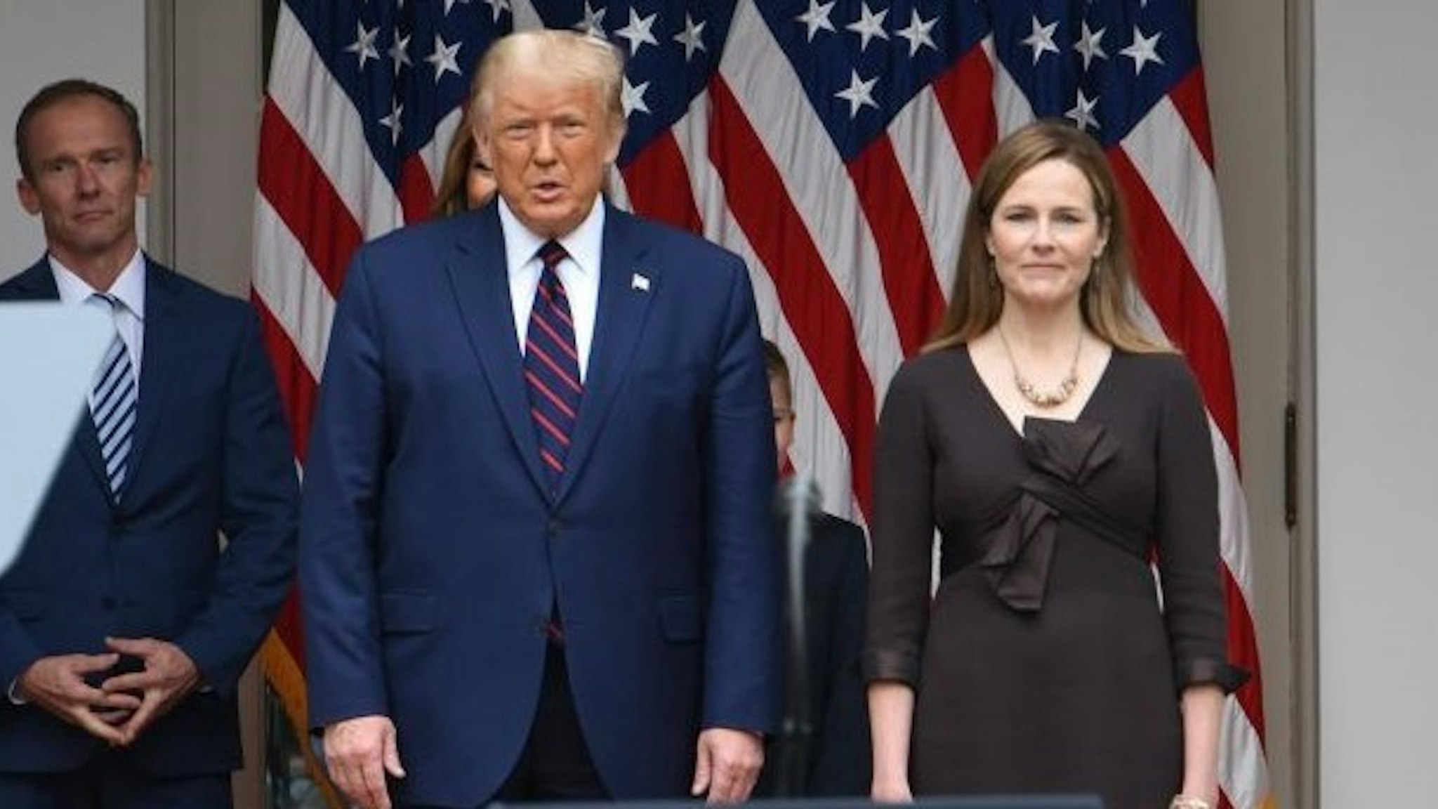 WASHINGTON, DC - SEPTEMBER 26: Amy Coney Barrett (R), U.S. President Donald Trump's nominee for associate justice of the U.S. Supreme Court, and U.S. President Donald Trump arrive for an announcement ceremony at the White House on September 26, 2020 in Washington, DC. (Photo by