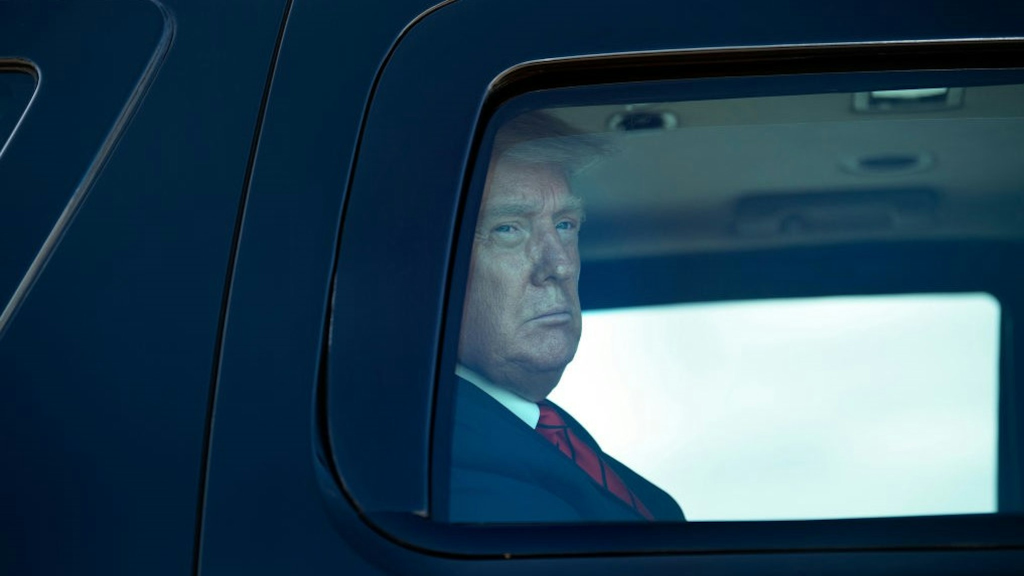 US President Donald Trump arrives in a motorcade before boarding Air Force One at Joint Base Andrews in Maryland on September 12, 2020. - Trump travels to Nevada and Arizona for campaign events. (Photo by Brendan Smialowski / AFP) (Photo by