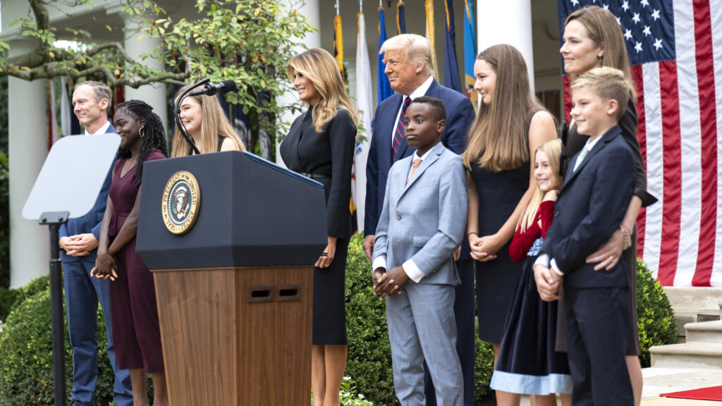 President Donald J. Trump and First Lady Melania Trump pose for a photo with Judge Amy Coney Barrett and her family members after being announced as the President’s nominee for Associate Justice of the Supreme Court of the United States Saturday, Sept. 26, 2020, in the Rose Garden of the White House.