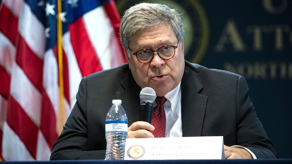 William Barr, U.S. attorney general, speaks during a roundtable discussion with federal, state, and local officials, not pictured, at the U.S. Attorney's Office in Atlanta, Georgia, U.S., on Monday, Sept. 21, 2020. Barr said the federal government is awarding more than $100 million in grants to target human trafficking. The money will go to task forces combatting human trafficking, to victim services and victim housing, reports the Associated Press.