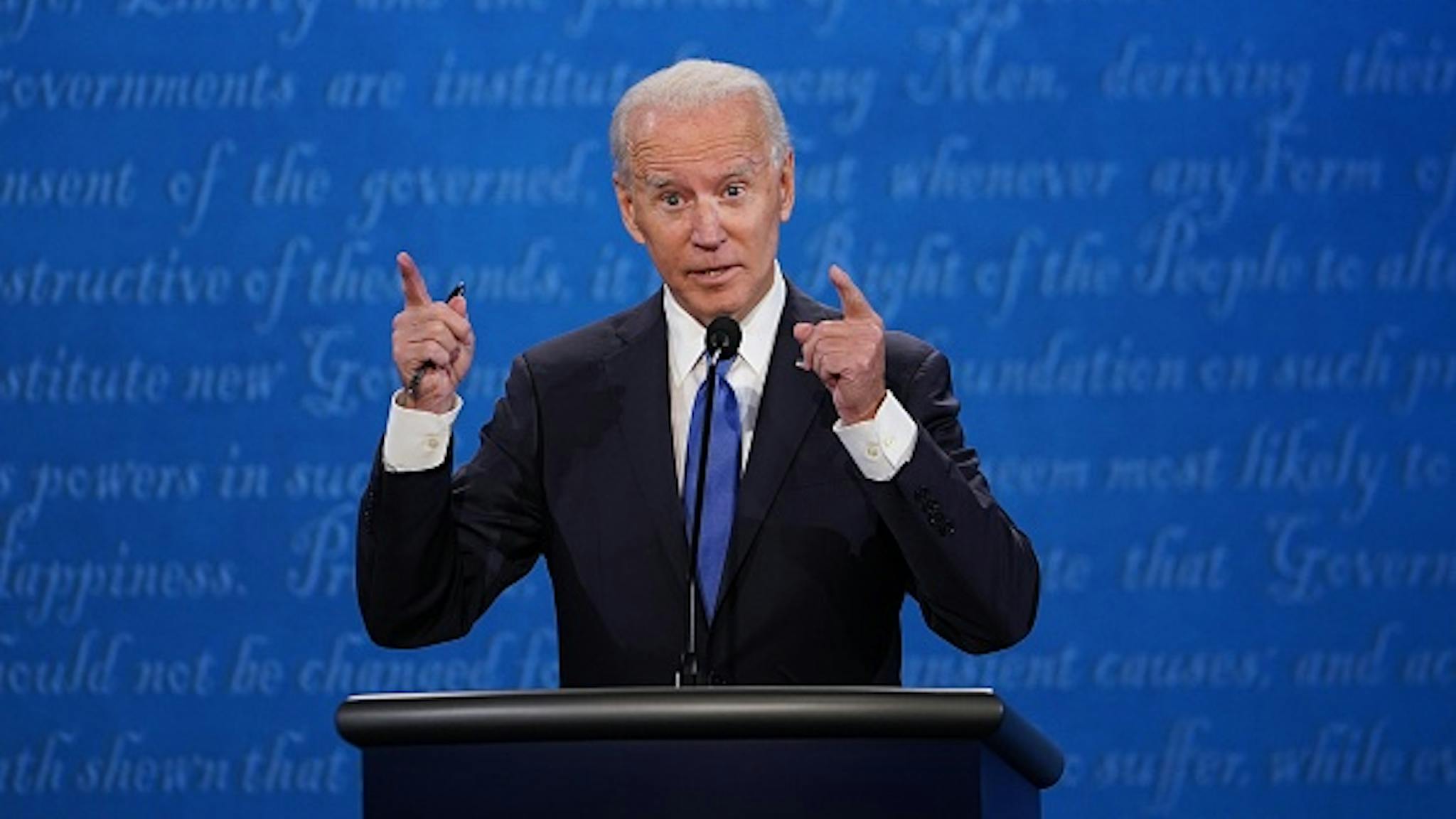 US-VOTE-DEBATE Democratic Presidential candidate and former US Vice President Joe Biden speaks during the final presidential debate at Belmont University in Nashville, Tennessee, on October 22, 2020.