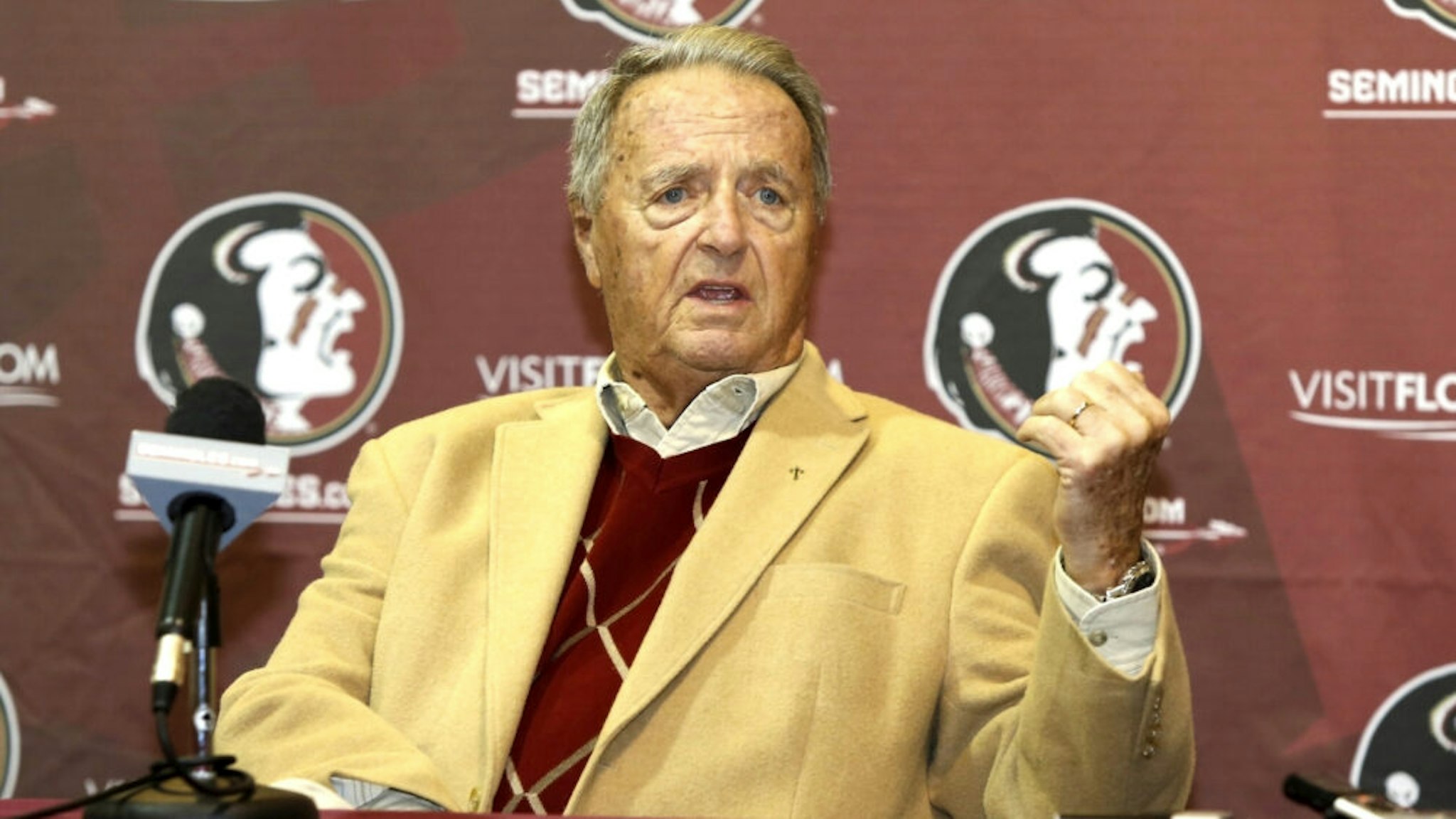 TALLAHASSEE, FL - OCTOBER 26: Former Florida State Head Coach Bobby Bowden speaks during a press conference before the game against North Carolina State Wolfpack at Bobby Bowden Field at Doak Campbell Stadium on October 26, 2013 in Tallahassee, Florida. Bowden, who coached the Seminoles from 1976-2009 is the all-time leader in coaching victories in FBS with 377 wins. The 3rd ranked Florida State Seminoles defeated North Carolina State Wolfpack 49-17.