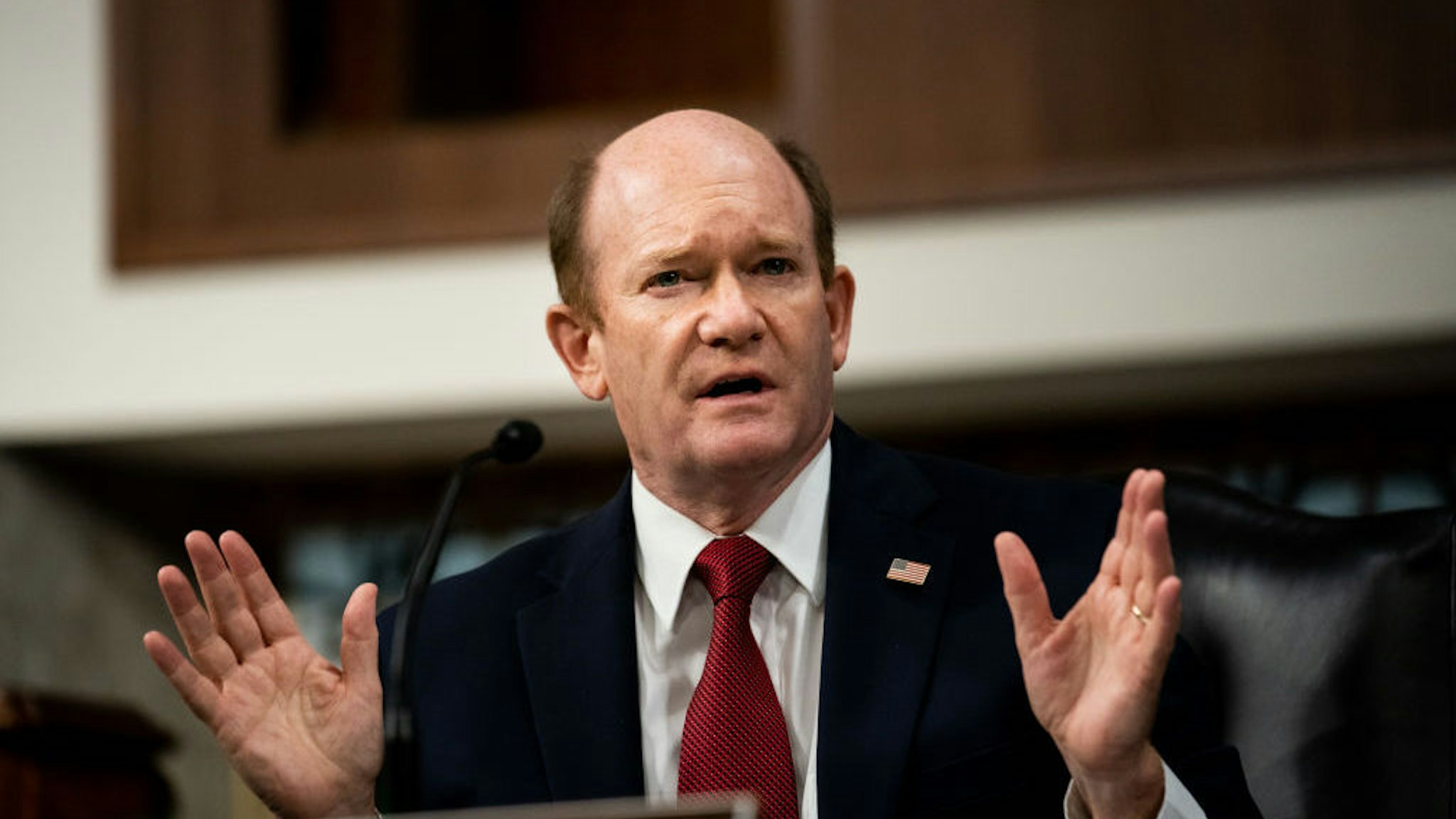 WASHINGTON, DC - AUGUST 5: Sen. Chris Coons (D-DE) speaks during a Senate Judiciary Committee hearing on "oversight of the crossfire hurricane investigation" on Capitol Hill on August 5, 2020 in Washington, DC. (Photo by Erin Schaff - Pool/Getty Images)