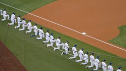 Los Angeles Dodgers take on the San Francisco Giants during a MLB baseball game on Opening Day at Dodger Stadium.