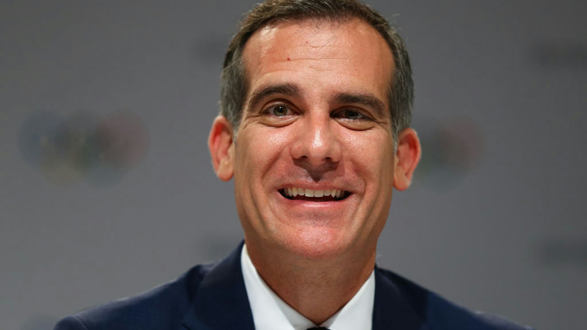 LIMA, PERU - SEPTEMBER 13: Los Angeles Mayor Eric Garcetti talks to media during a joint press conference between IOC, Paris 2024 and LA2028 during the131th IOC Session - 2024 &amp; 2028 Olympics Hosts Announcement at Lima Convention Centre on September 13, 2017 in Lima, Peru.