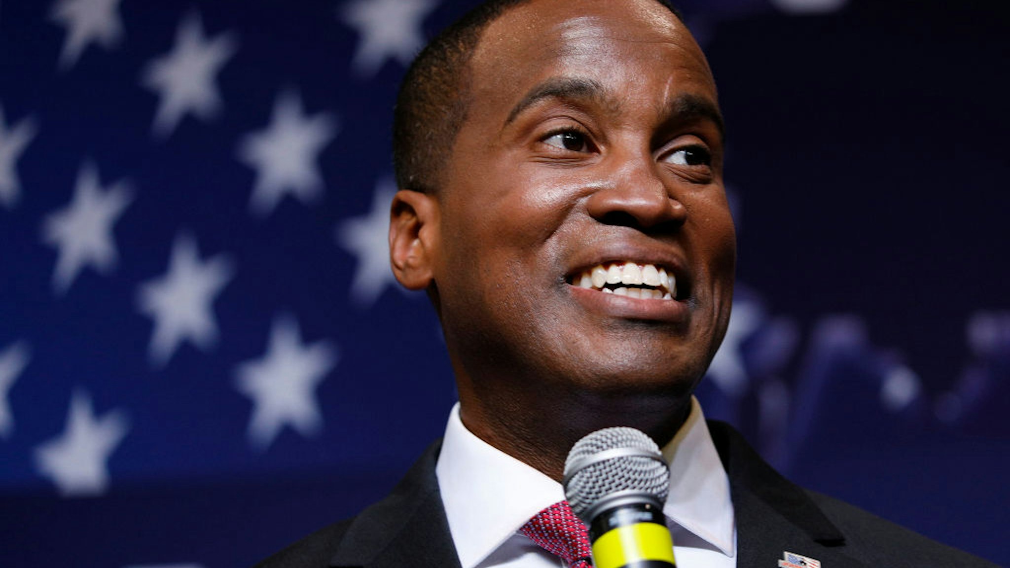 DETROIT, MI - AUGUST 7: John James, Michigan GOP Senate candidate, speaks at an election night event after winning his primary election at his business, James Group International August 7, 2018 in Detroit, Michigan. James, who has President Donald Trump's endorsement, will face Democrat incumbent Senator Debbie Stabenow (D-MI) in November. (Photo by Bill Pugliano/Getty Images)