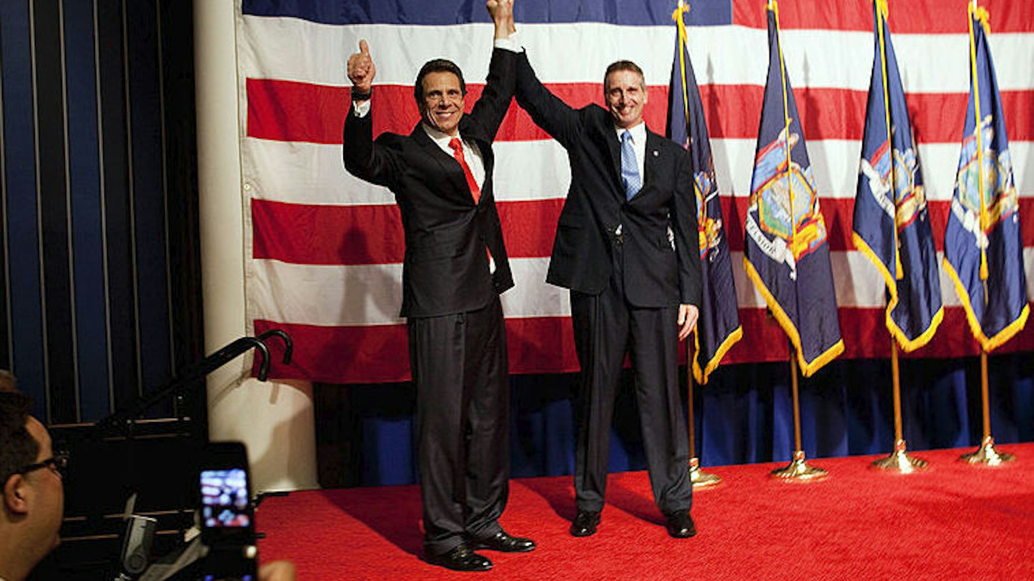 New York Governor-elect Andrew Cuomo (L) and Lieutenant Governor-elect Robert Duffy celebrate at the Sheraton New York on election night, November 2, 2010 in New York City.