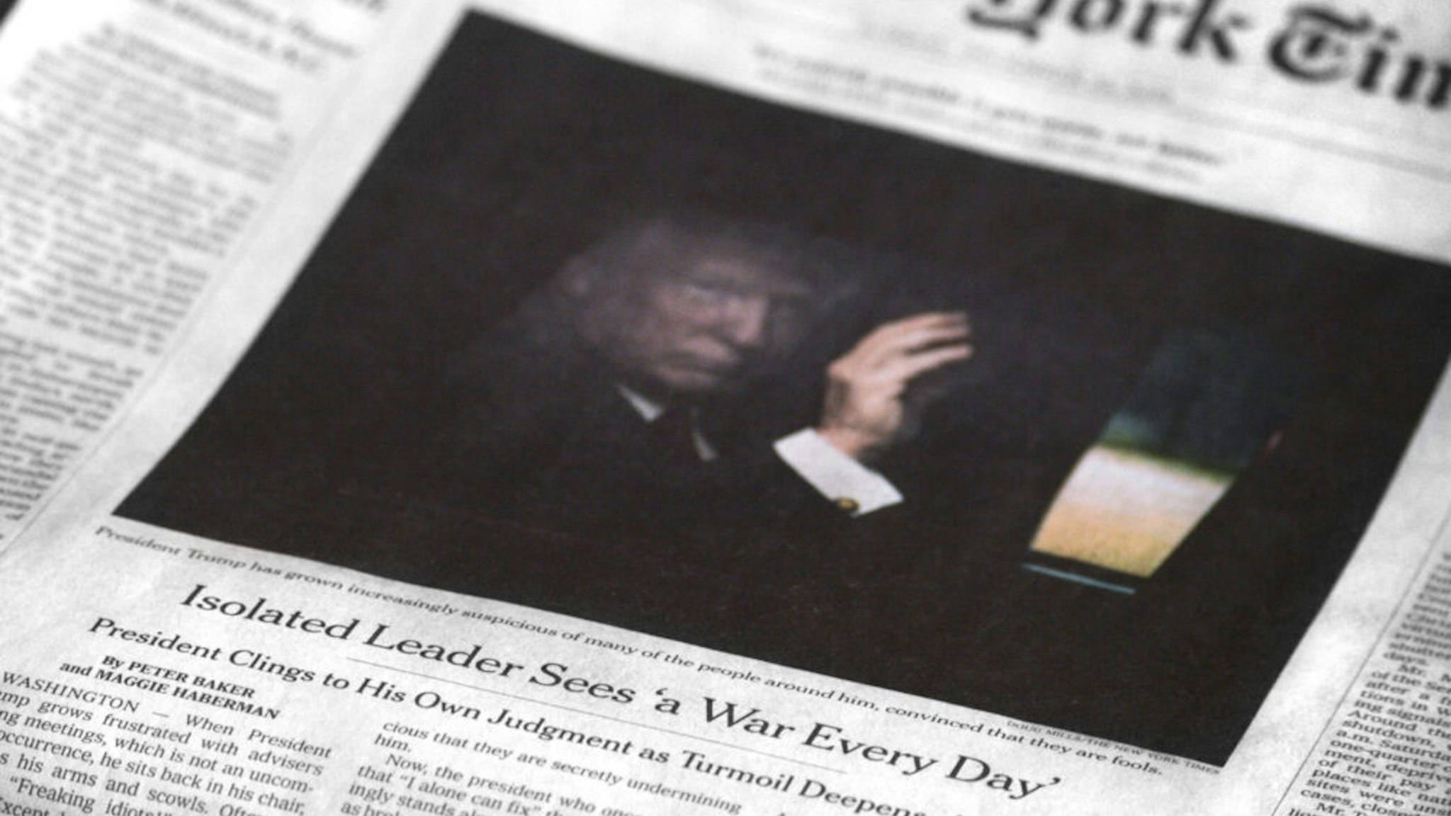 SANTA FE, NEW MEXICO - DECEMBER 24, 2018: A copy of the December 23, 2018 edition of The New York Times features a front-page article by Peter Baker and Maggie Haberman referring to U.S. President Donald Trump as an isolated leader who sees 'a war every day.'