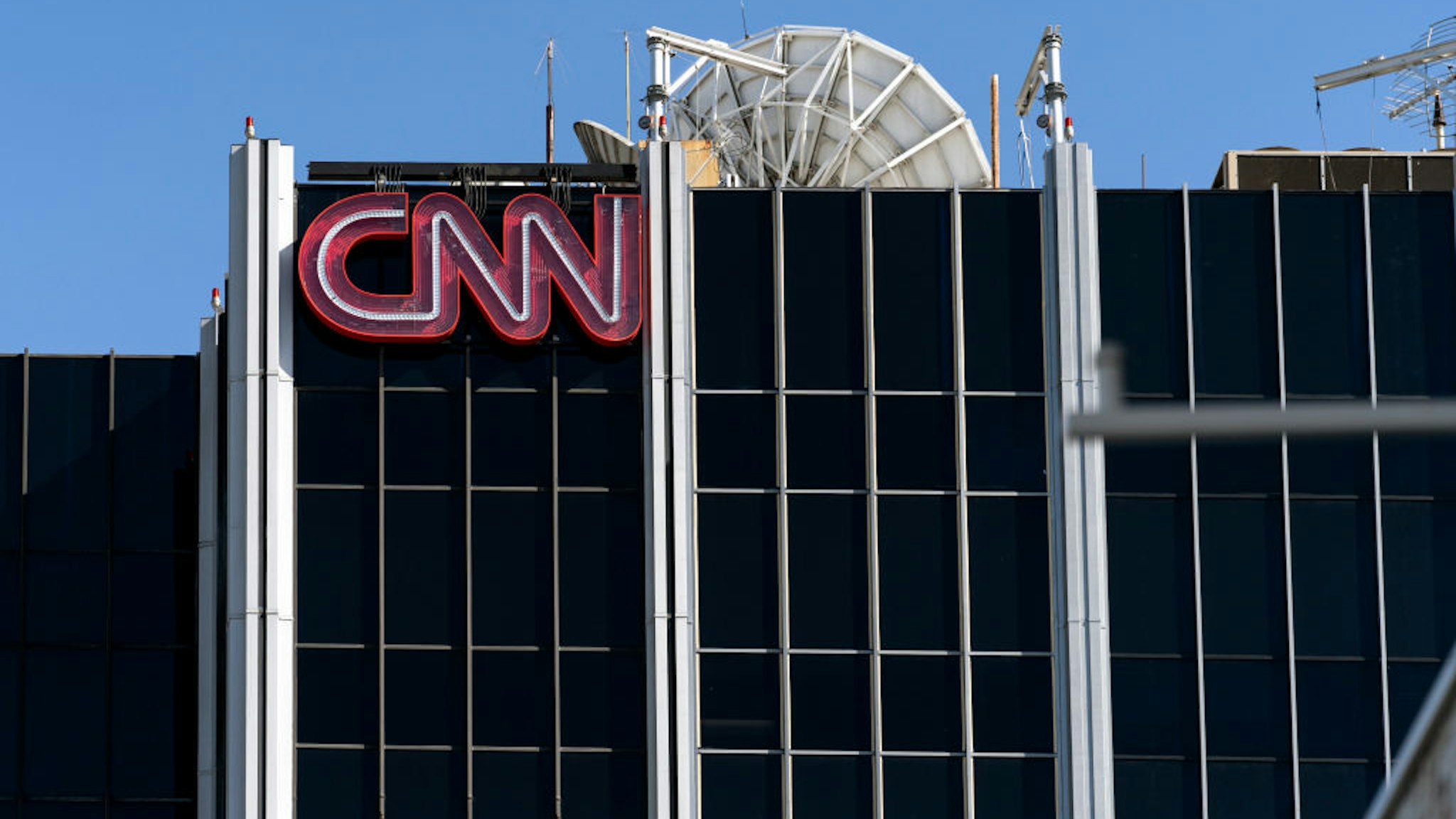 The CNN logo is seen atop its bureau in Los Angeles, California.