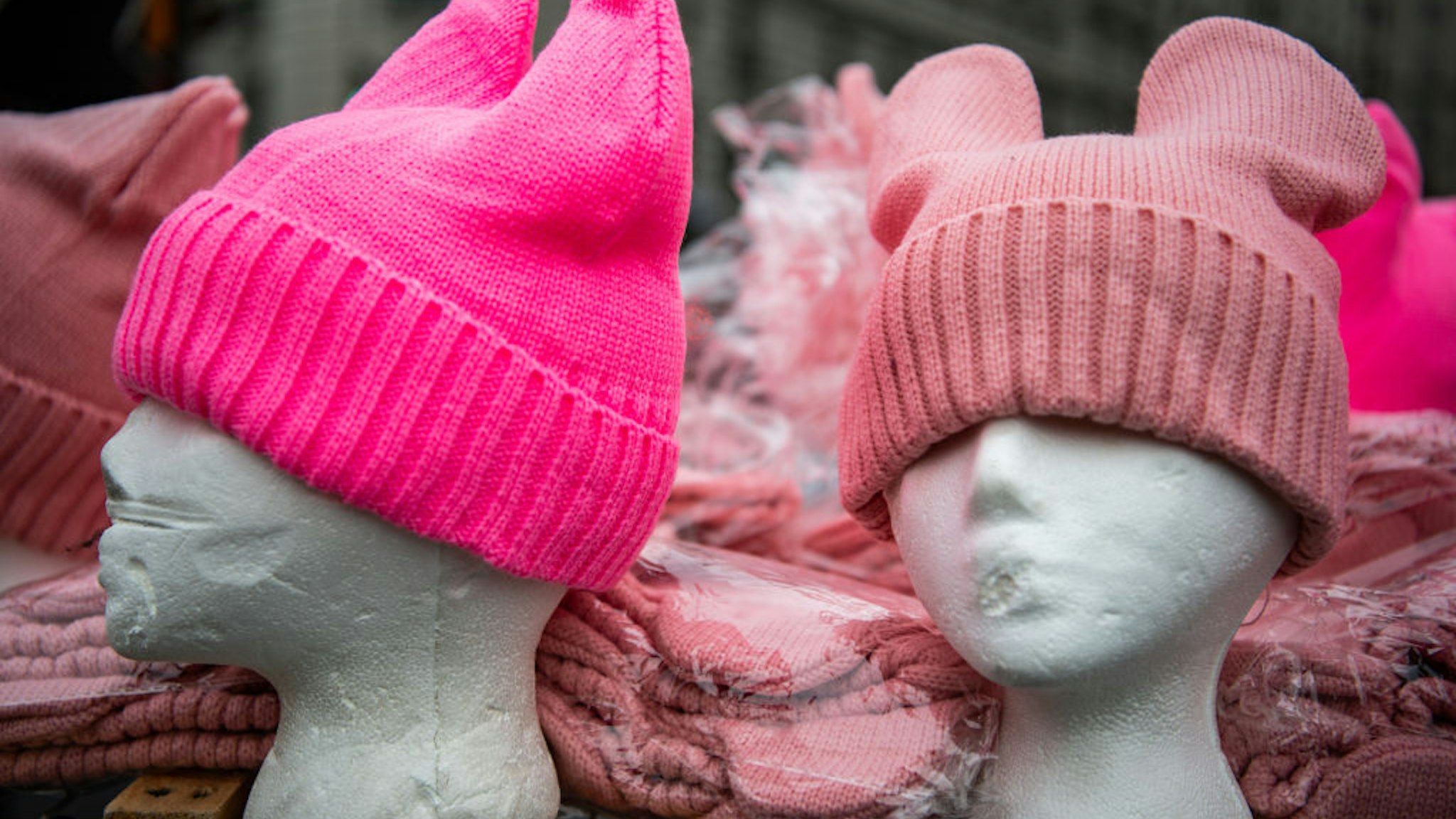 Pink hats are seen on sale at Freedom Plaza during the fourth annual Womens March on Saturday, January 18, 2020 in Washington, D.C.
