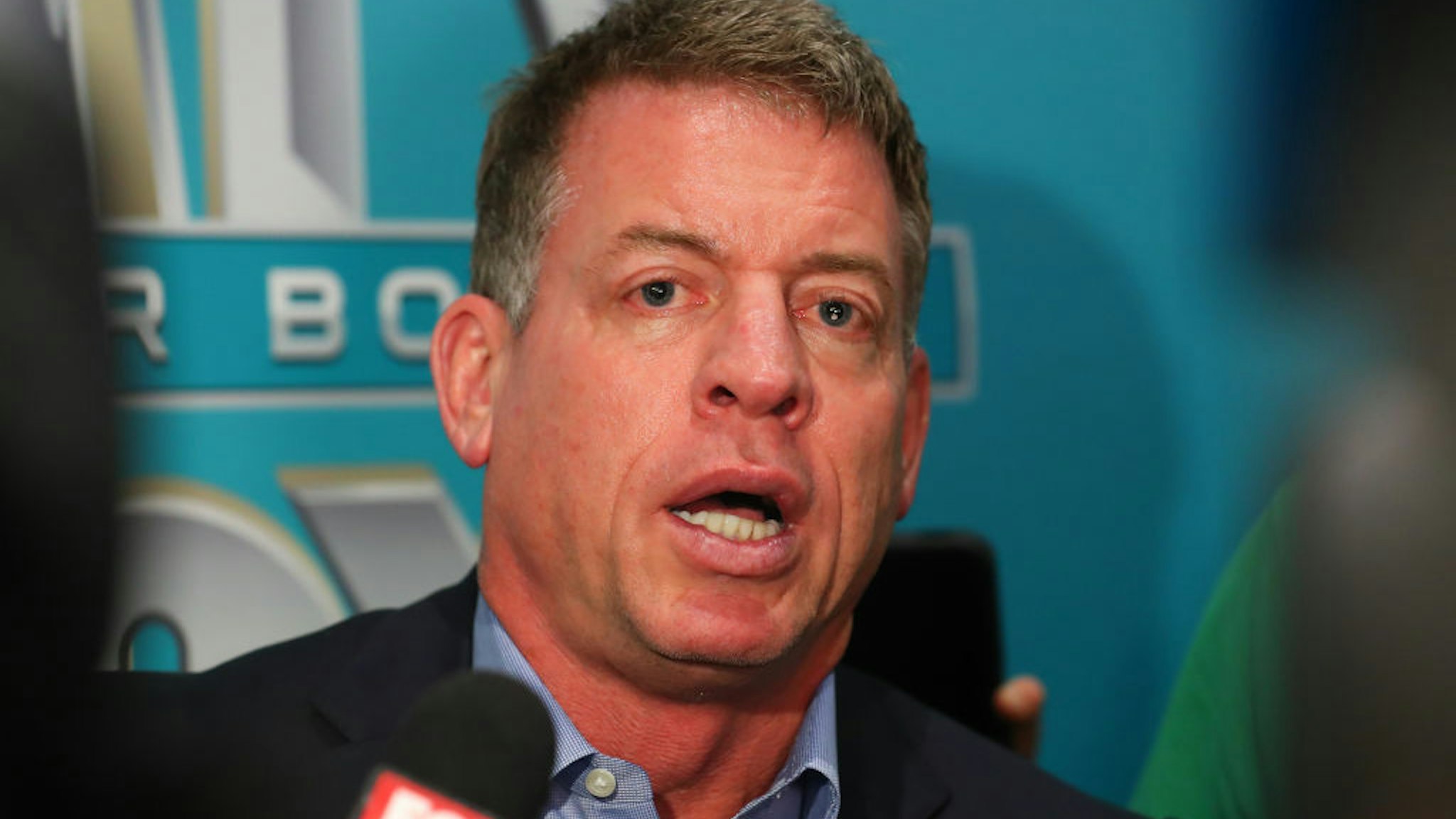 Former NFL player and Lead NFL Game Analyst Troy Aikman answers questions during the Super Bowl LIV FOX Sports Media Day on January 28, 2020 at the Miami Beach Convention Center in Miami Beach, FL.