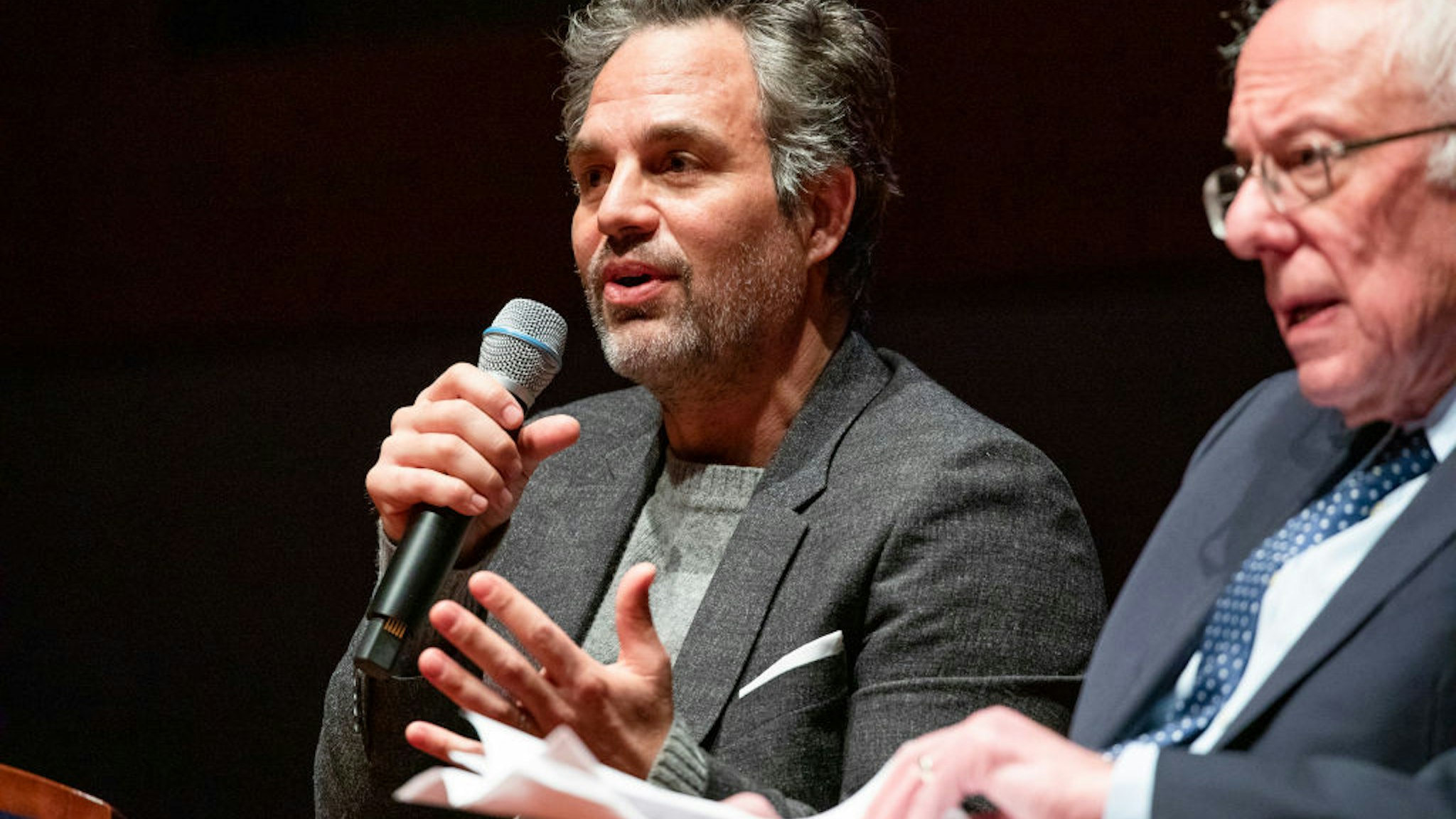 Democratic presidential candidate Sen. Bernie Sanders (I-VT) and actor Mark Ruffalo participate in a roundtable discussion at the U.S. Capitol on strategies to combat the widespread contamination of America's drinking water on January 29, 2020 in Washington, DC.