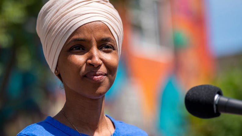 Rep. Ilhan Omar Tries To Fend Off Challenger Antone Melton-Meaux In Reelection Bid Rep. Ilhan Omar (D-MN) speaks with media gathered outside Mercado Central on August 11, 2020 in Minneapolis, Minnesota.