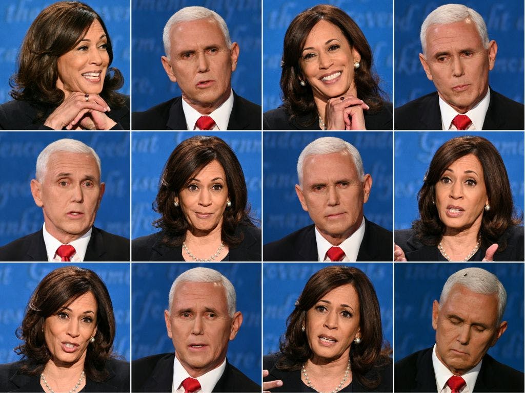 This combination of pictures created on October 07, 2020 shows US Democratic vice presidential nominee and Senator from California Kamala Harris and US Vice President Mike Pence during the vice presidential debate in Kingsbury Hall at the University of Utah on October 7, 2020, in Salt Lake City, Utah.