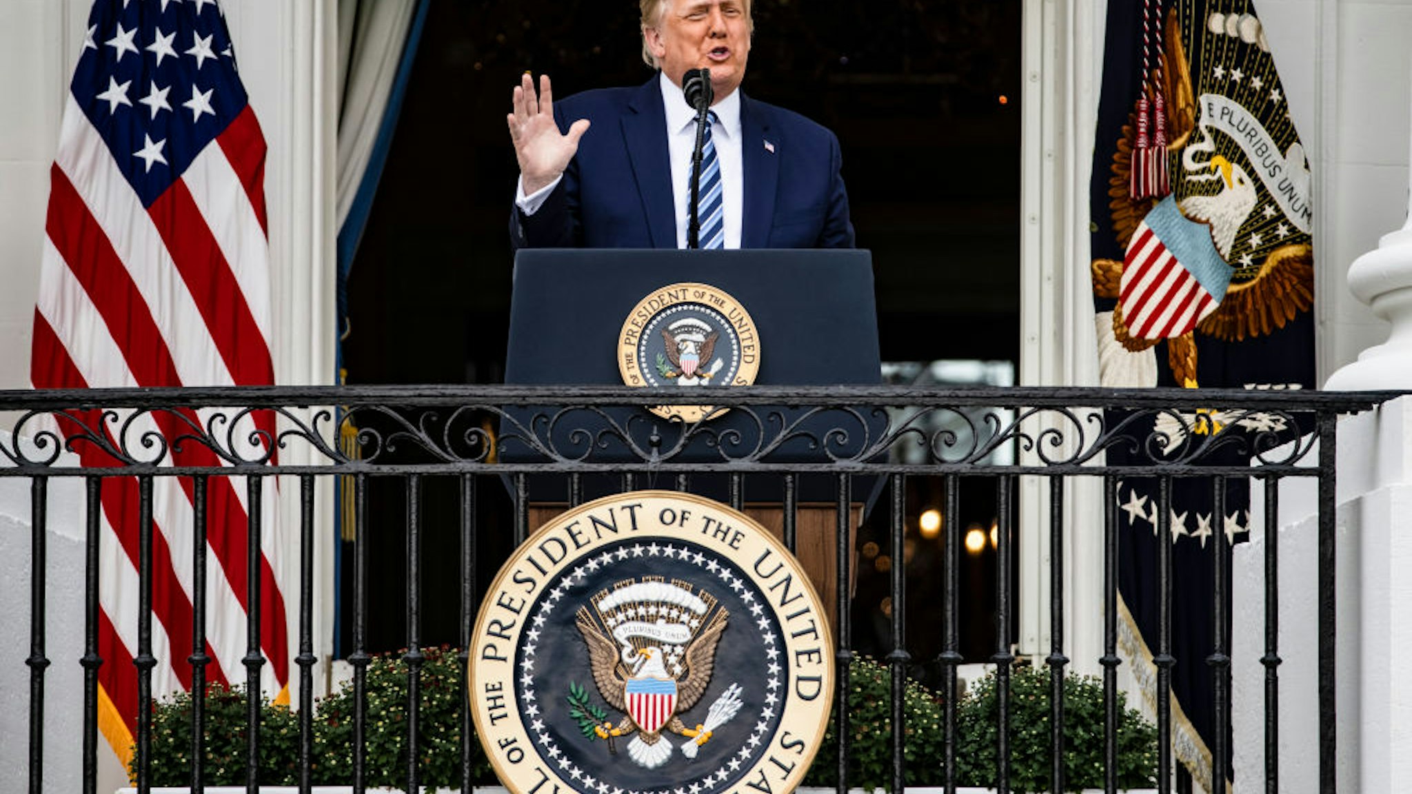 U.S. President Donald Trump addresses a rally in support of law and order on the South Lawn of the White House on October 10, 2020 in Washington, DC.