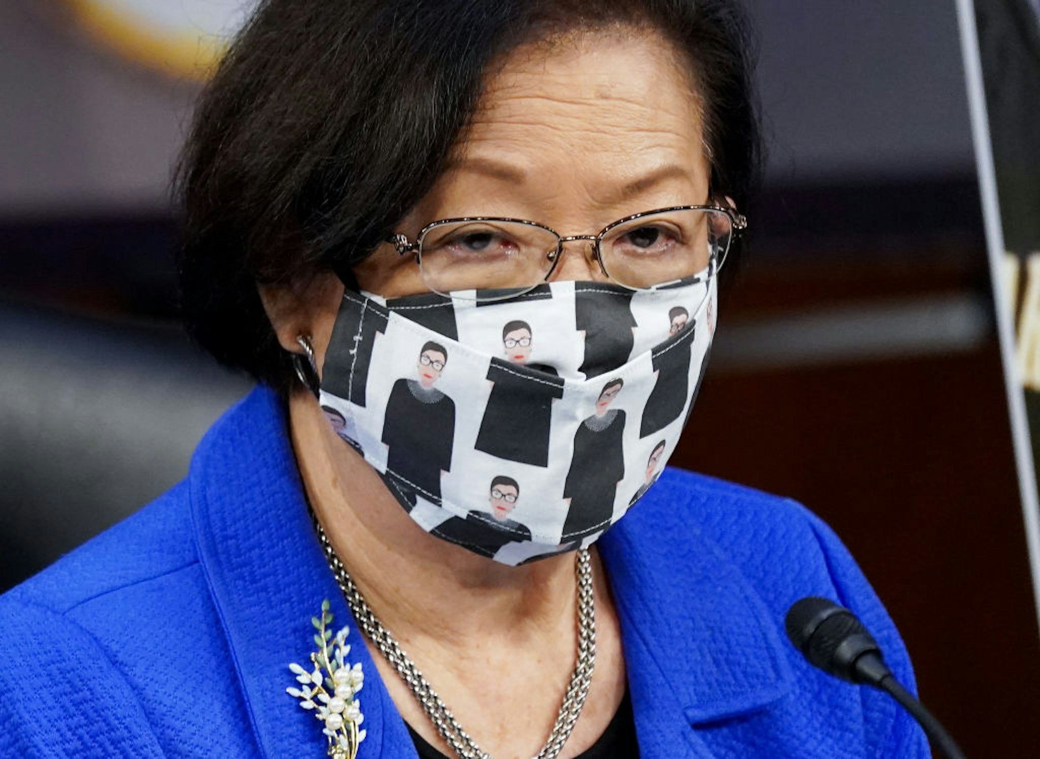 U.S. Sen. Mazi Hirono (D-HI) wears a Ruth Bader Ginsburg face mask during the Senate Judiciary Committee confirmation hearing for Supreme Court Justice on Capitol Hill on October 12, 2020 in Washington, DC.
