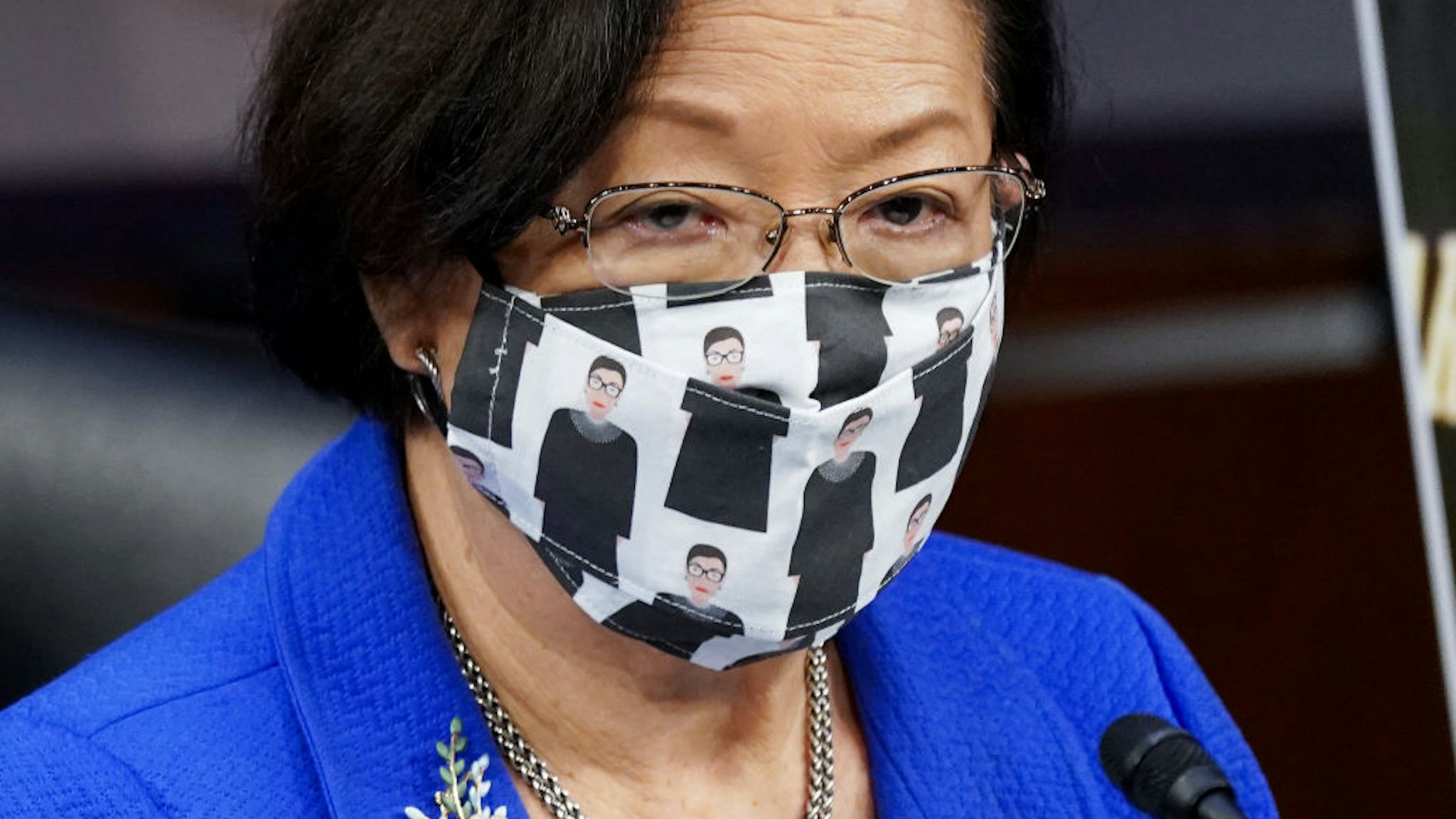 U.S. Sen. Mazi Hirono (D-HI) wears a Ruth Bader Ginsburg face mask during the Senate Judiciary Committee confirmation hearing for Supreme Court Justice on Capitol Hill on October 12, 2020 in Washington, DC.