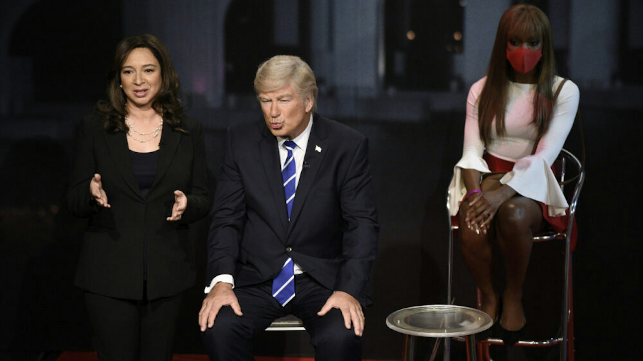 SATURDAY NIGHT LIVE -- "Issa Rae" Episode 1788 -- Pictured: (l-r) Maya Rudolph as Kamala Harris and Alec Baldwin as Donald Trump during the "Dueling Town Halls" Cold Open on Saturday, October 17, 2020