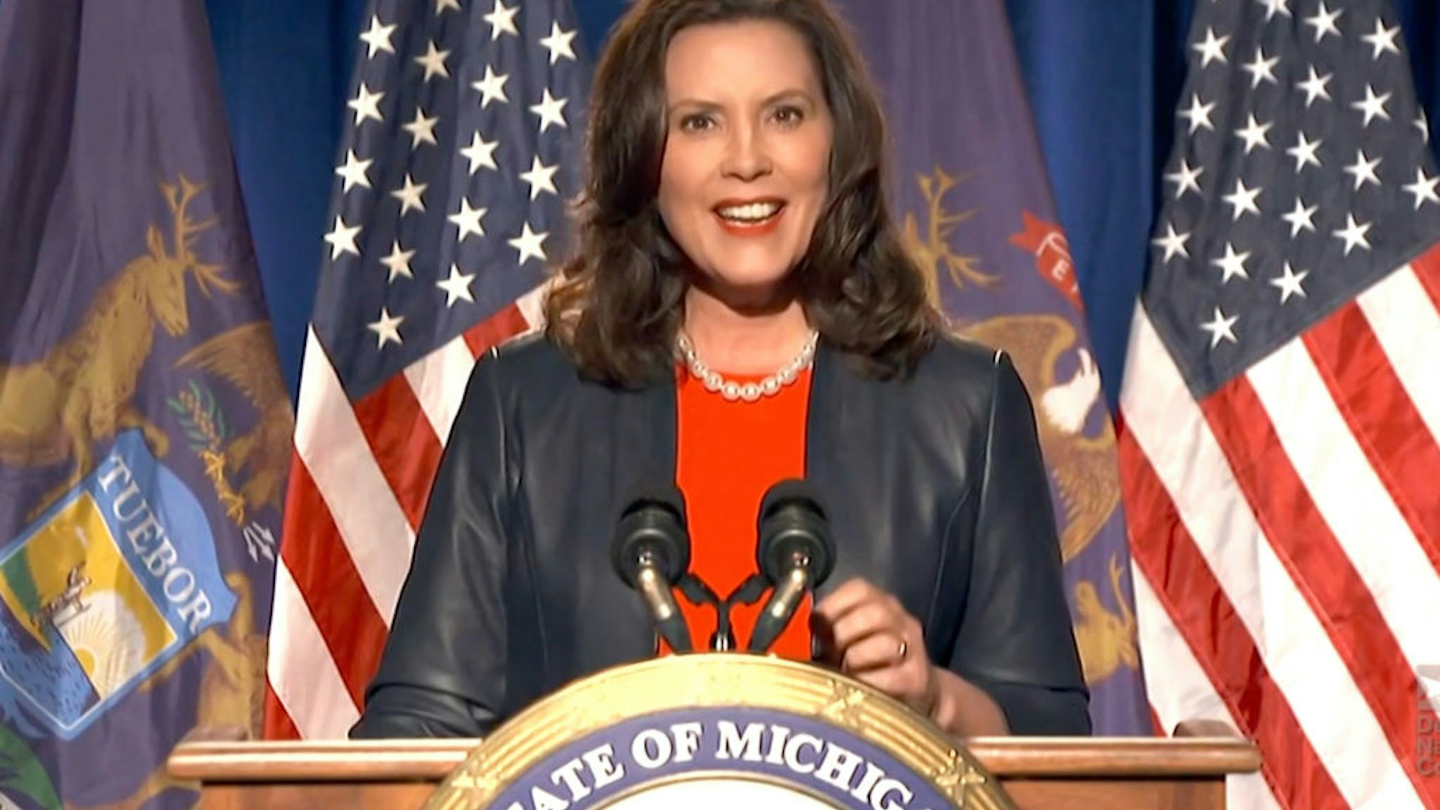 In this screenshot from the DNCC’s livestream of the 2020 Democratic National Convention, Michigan Gov. Gretchen Whitmer addresses the virtual convention on August 17, 2020.