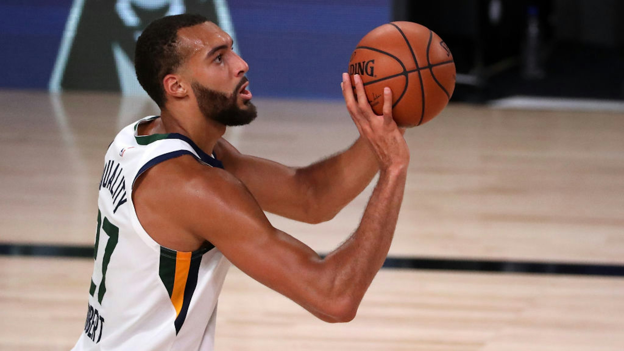 Rudy Gobert #27 of the Utah Jazz shoots the ball during the third quarter against the Denver Nuggets in Game Seven of the Western Conference First Round during the 2020 NBA Playoffs at AdventHealth Arena at ESPN Wide World Of Sports Complex on September 01, 2020 in Lake Buena Vista, Florida.