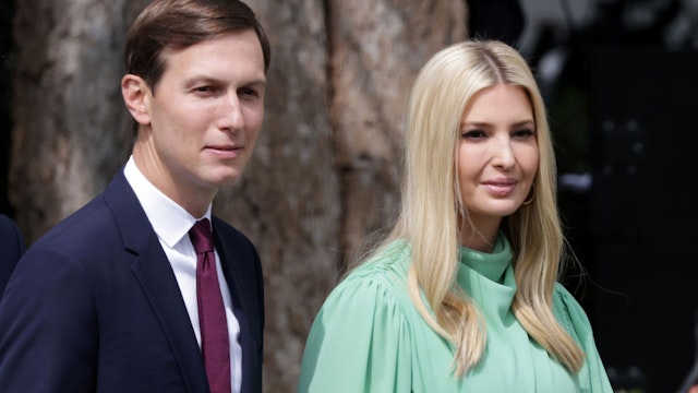 Special adviser to the president Jared Kushner (L) and Ivanka Trump arrive to the signing ceremony of the Abraham Accords on the South Lawn of the White House September 15, 2020 in Washington, DC.