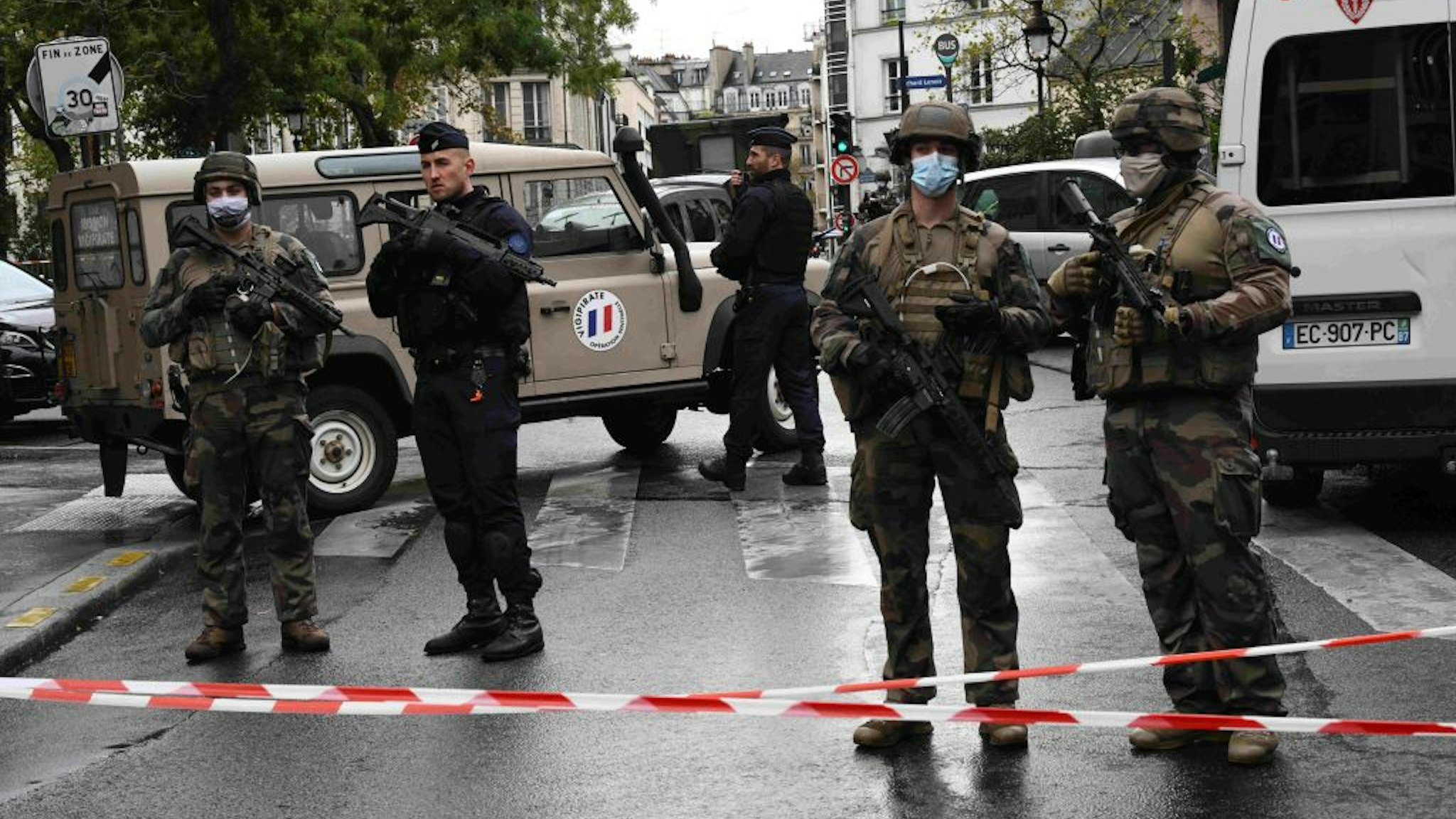 Officers of the French National Gendarmerie stand guard after a man armed with a knife attacked people near the former offices of the satirical magazine Charlie Hebdo on September 25, 2020 in Paris, France.