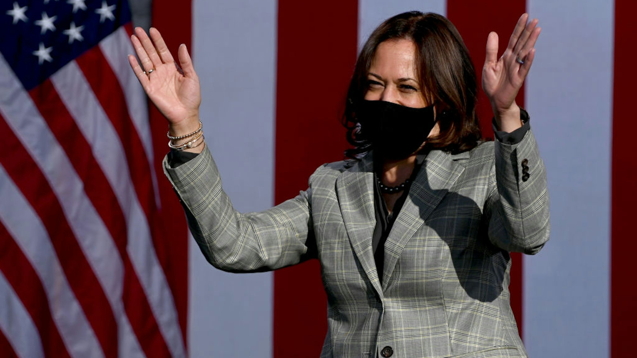 Democratic U.S. Vice Presidential nominee Sen. Kamala Harris (D-CA) waves as she arrives at a voter mobilization drive-in event at UNLV on October 2, 2020 in Las Vegas, Nevada.