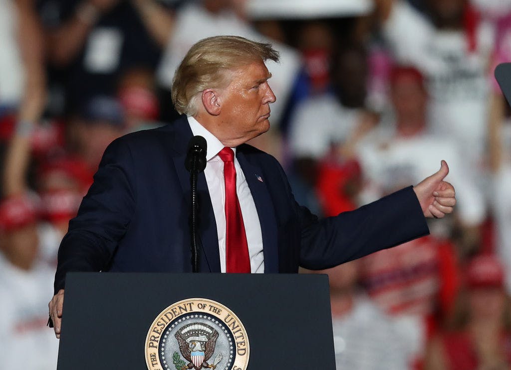 President Donald Trump speaks during his campaign event at the Orlando Sanford International Airport on October 12, 2020 in Sanford, Florida.