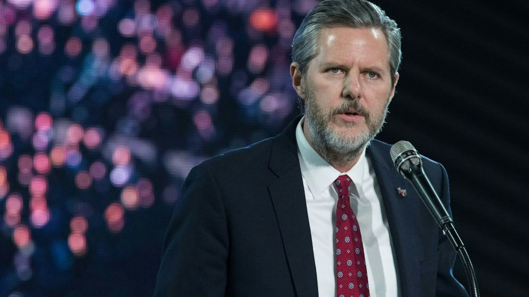 Liberty University president Jerry Falwell Jr. introduces US Republican presidential candidate Donald Trump at a rally at Liberty University, the world's largest Christian university, in Lynchburg, Virginia, on January 18, 2016.