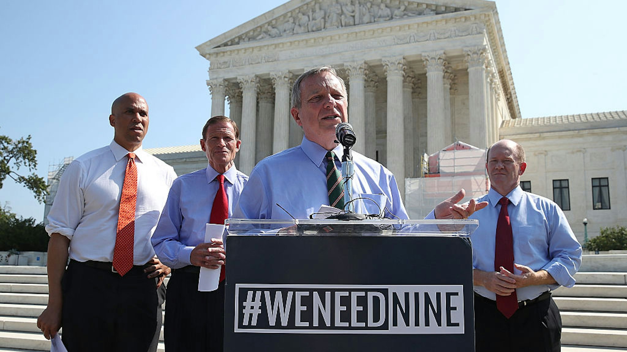 Sen. Dick Durbin (D-IL), (C), calls for Senate Judiciary conformation hearings for Supreme Court nominee Merrick Garland, during a news conference news conference in front of the US Supreme Court, September 7, 2016 in Washington, DC.