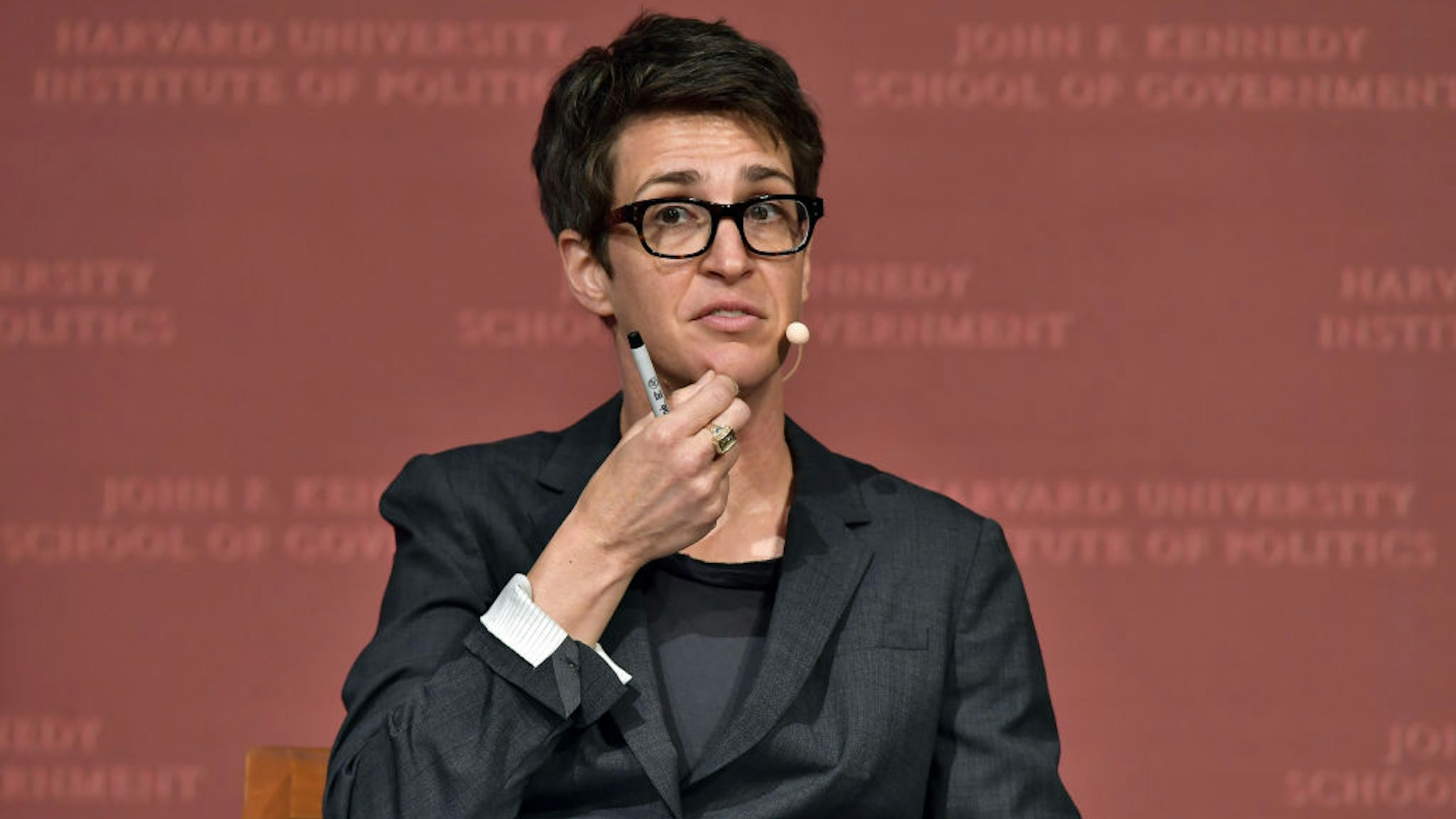 Rachel Maddow speaks at the Harvard University John F. Kennedy Jr. Forum in a program titled "Perspectives on National Security" moderated by Rachel Maddow on October 16, 2017 in Cambridge, Massachusetts.