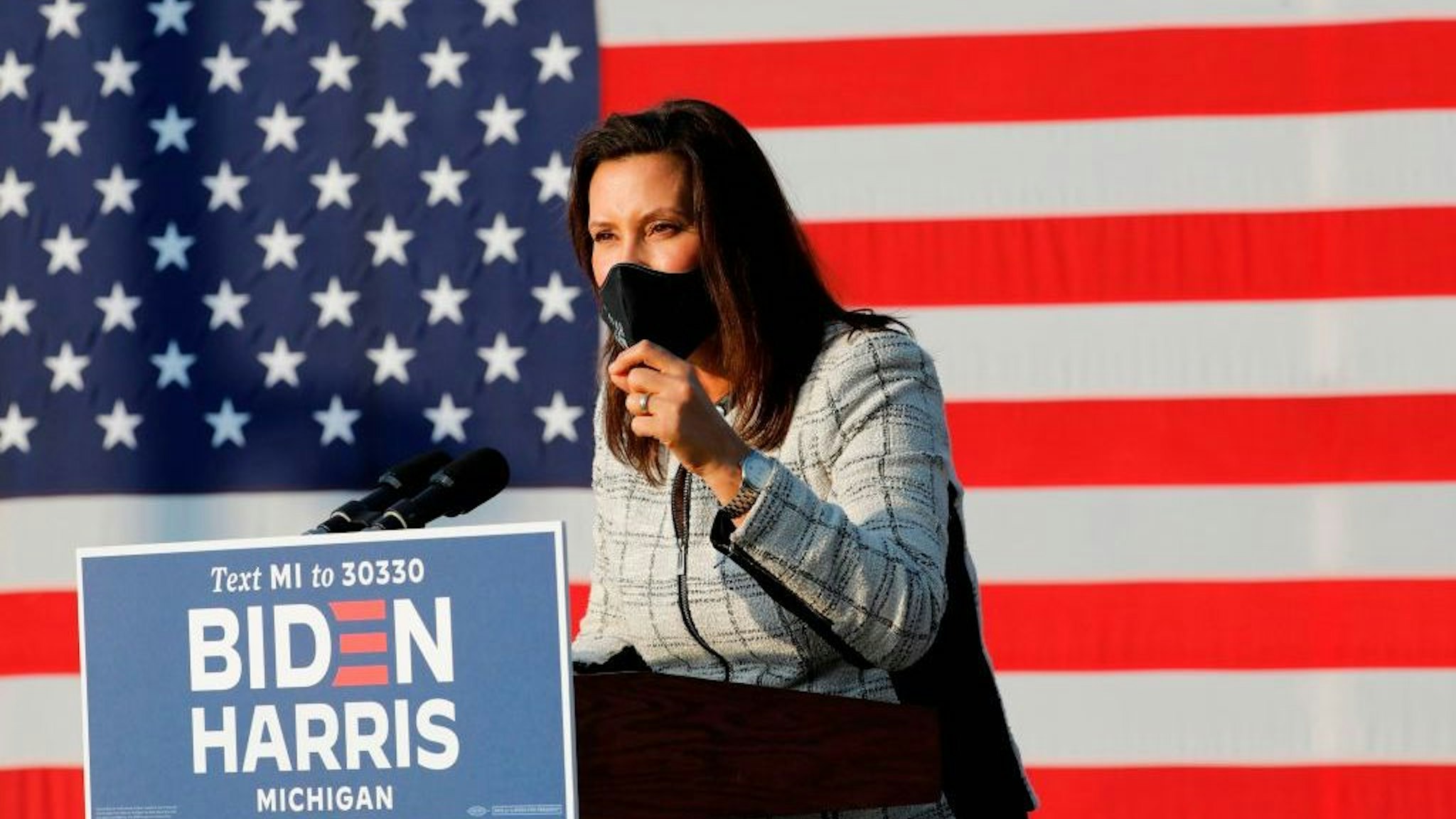Michigan Governor Gretchen Whitmer speaks before Democratic Vice Presidential Nominee Senator Kamala Harris (D-CA) at the Detroit Pistons Practice Facility in Detroit, Michigan on September 22, 2020. (Photo by JEFF KOWALSKY / AFP) (Photo by JEFF KOWALSKY/AFP via Getty Images)