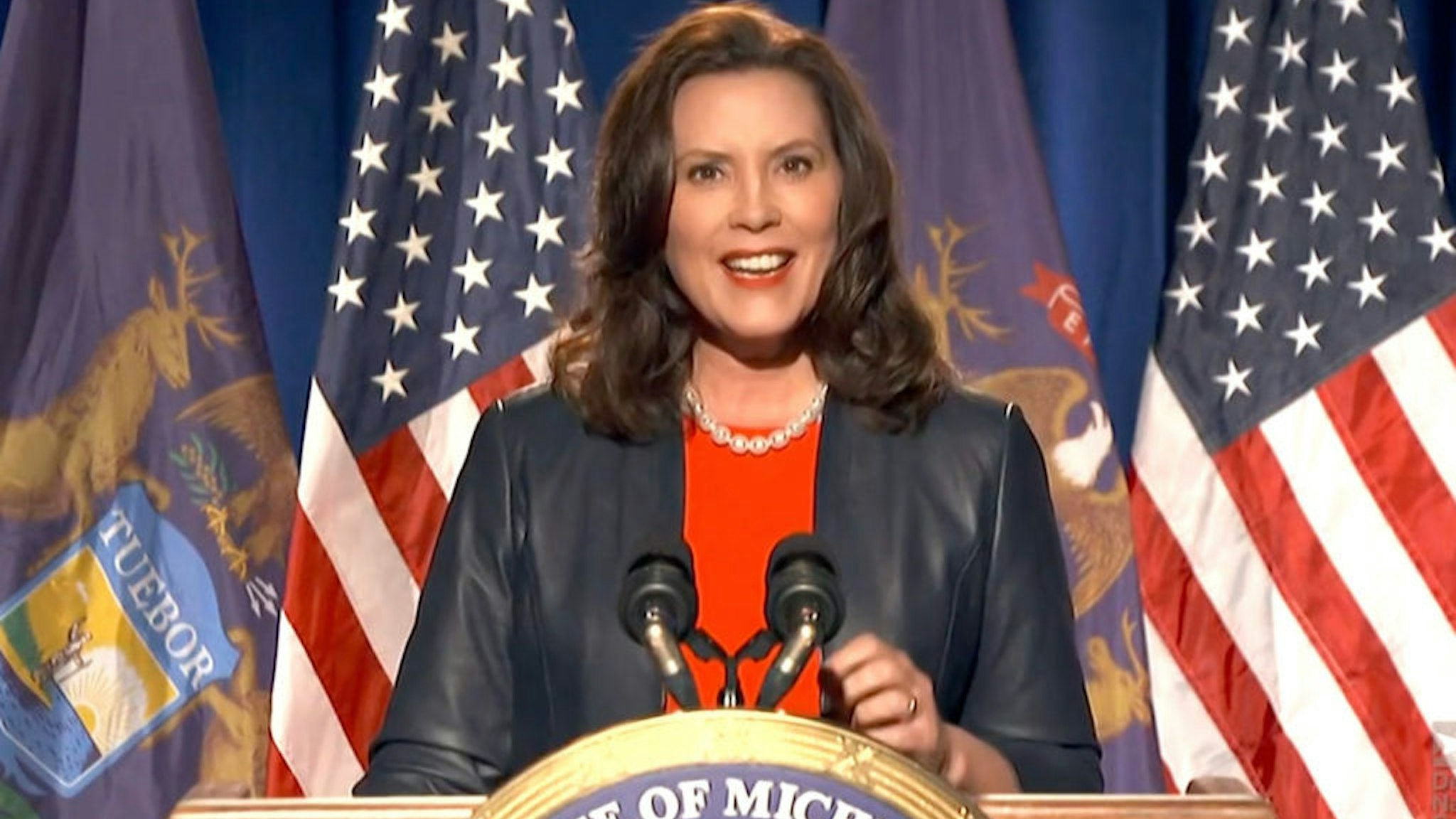 MILWAUKEE, WI - AUGUST 17: In this screenshot from the DNCC’s livestream of the 2020 Democratic National Convention, Michigan Gov. Gretchen Whitmer addresses the virtual convention on August 17, 2020. The convention, which was once expected to draw 50,000 people to Milwaukee, Wisconsin, is now taking place virtually due to the coronavirus pandemic. (Photo by Handout/DNCC via Getty Images)