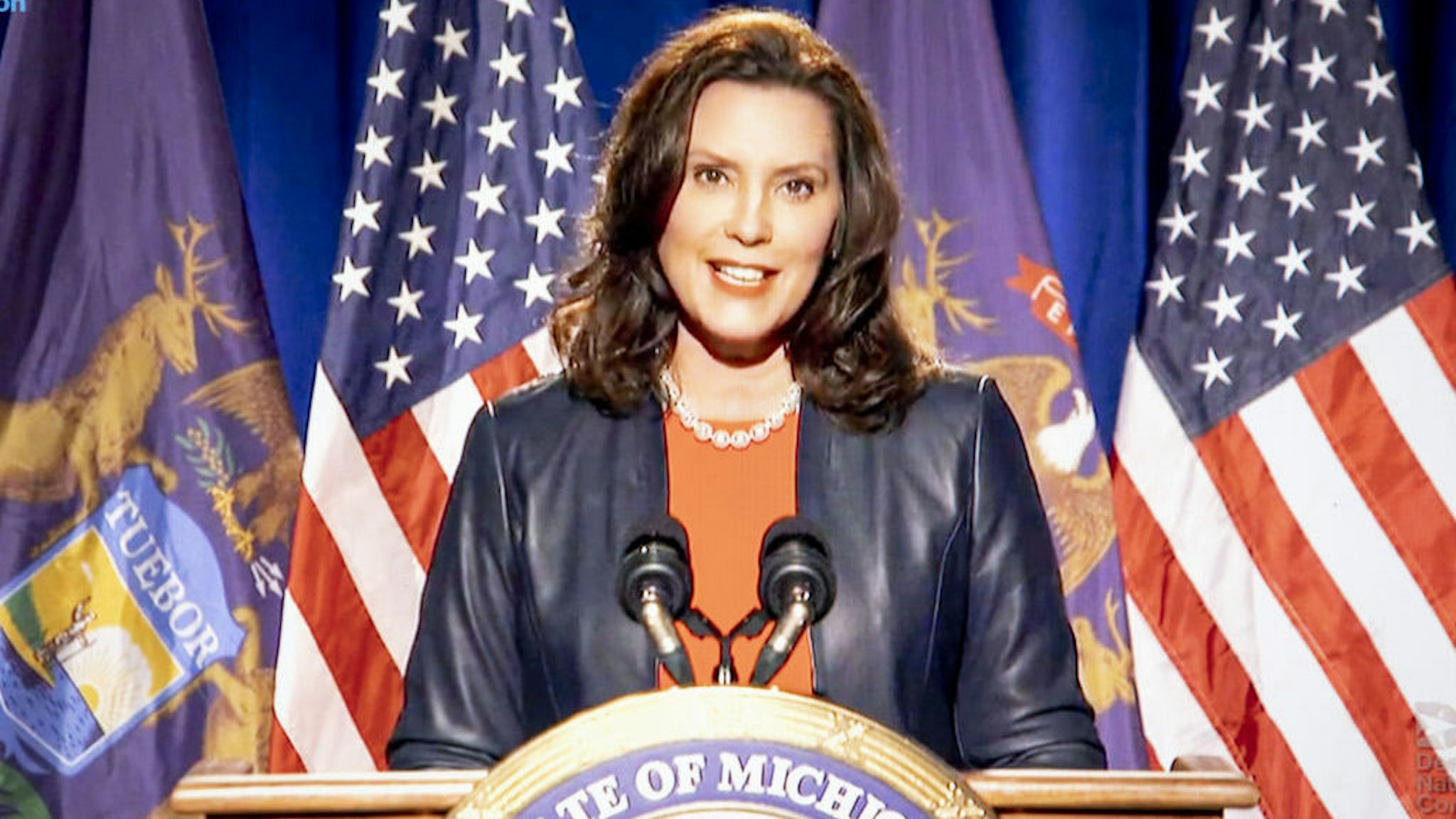 Gretchen Whitmer, governor of Michigan, speaks during the virtual Democratic National Convention seen on a laptop computer in Tiskilwa, Illinois, U.S., on Monday, Aug. 17, 2020. The DNC, which began Monday and ends Thursday with Joe Biden accepting the nomination for president, will be almost entirely virtual with speakers delivering addresses from around the U.S. that will be streamed on the internet. Photographer: Daniel Acker/Bloomberg
