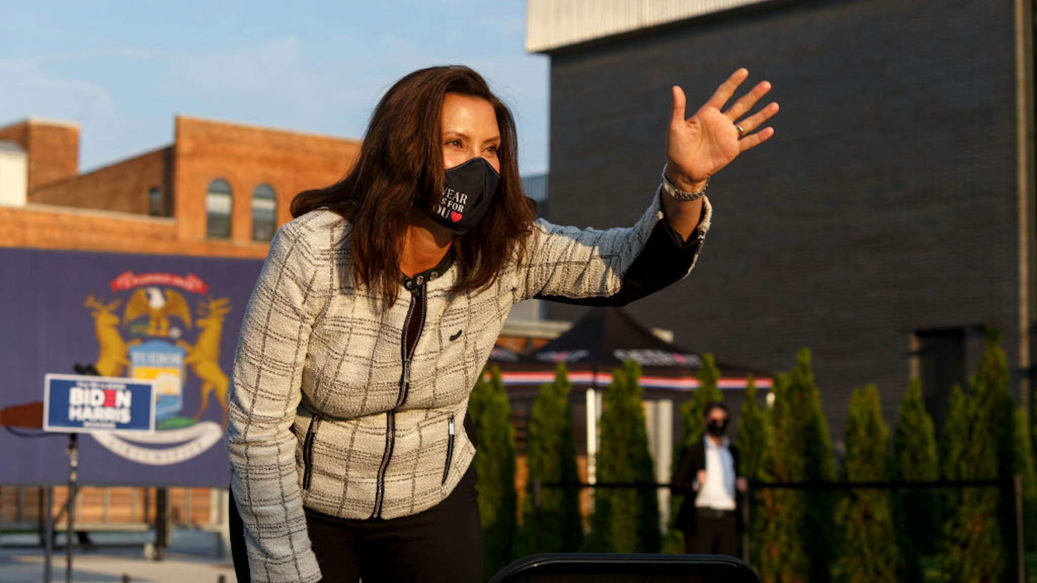 DETROIT, MI - SEPTEMBER 22: Governor Gretchen Whitmer waves to the crowd during a voter mobilization event on September 22, 2020 in Detroit, Michigan. With election day less than a month and a half away, Harris visits different cities in the swing state of Michigan. (Photo by Elaine Cromie/Getty Images)
