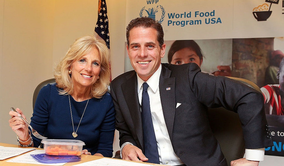 WASHINGTON, DC - MAY 01: Second Lady Dr. Jill Biden and World Food Program USA Board Chair Hunter Biden taking the Live Below the Line Challenge, eating and drinking on $1.50 a day to raise awareness of global hunger and World Food Programme school feeding efforts around the world, at World Food Program USA on May 1, 2013 in Washington, DC. (Photo by Paul Morigi/WireImage)