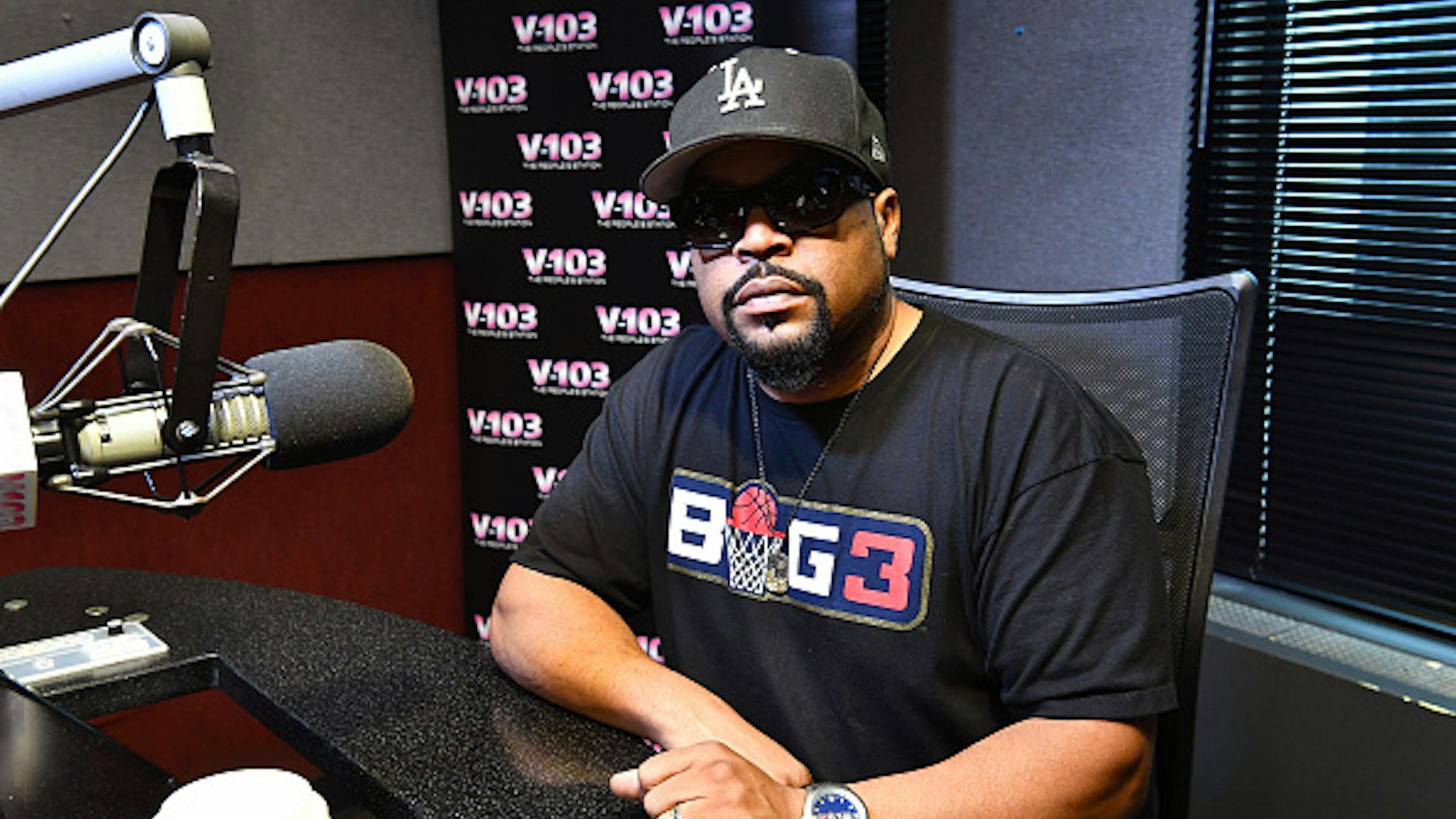 ATLANTA, GA - AUGUST 09: Rapper Ice Cube visits V-103 Atlanta Studios on August 9, 2018 in Atlanta, Georgia.