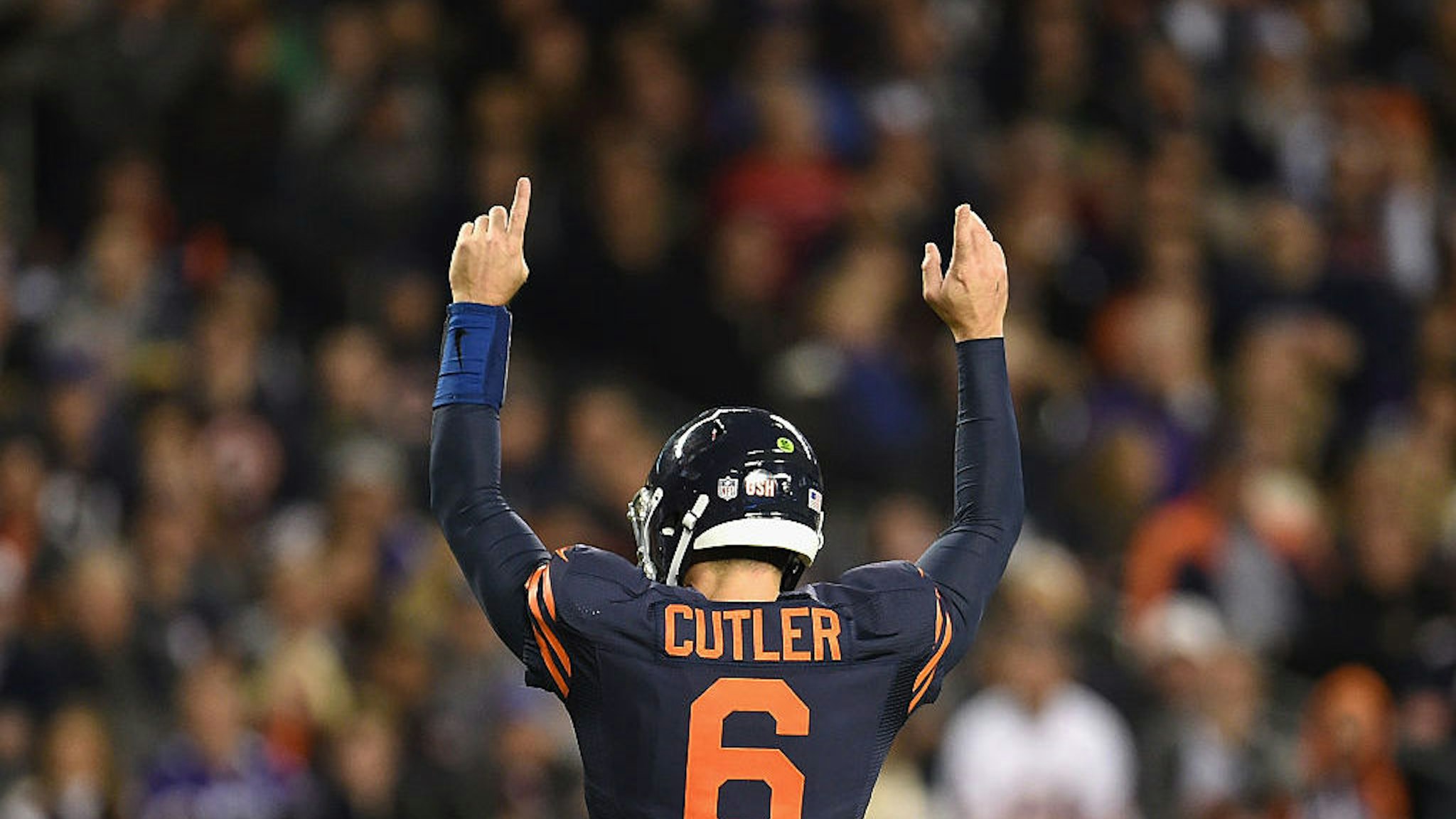 CHICAGO, IL - OCTOBER 31: Jay Cutler #6 of the Chicago Bears celebrates after a touchdown by Jordan Howard #24 (not pictured) during the second quarter against the Minnesota Vikings at Soldier Field on October 31, 2016 in Chicago, Illinois. (Photo by Stacy Revere/Getty Images)