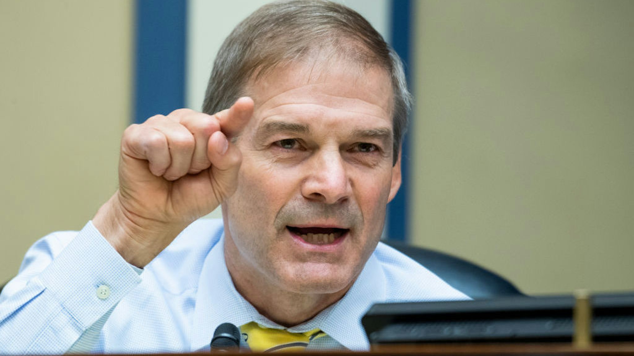 UNITED STATES - AUGUST 24: Rep. Jim Jordan, R-Ohio, questions Postmaster General Louis DeJoy during the House Oversight and Reform Committee hearing titled “Protecting the Timely Delivery of Mail, Medicine, and Mail-in Ballots,” in Rayburn House Office Building on Monday, August 24, 2020. (Photo By Tom Williams/CQ Roll Call/Pool)