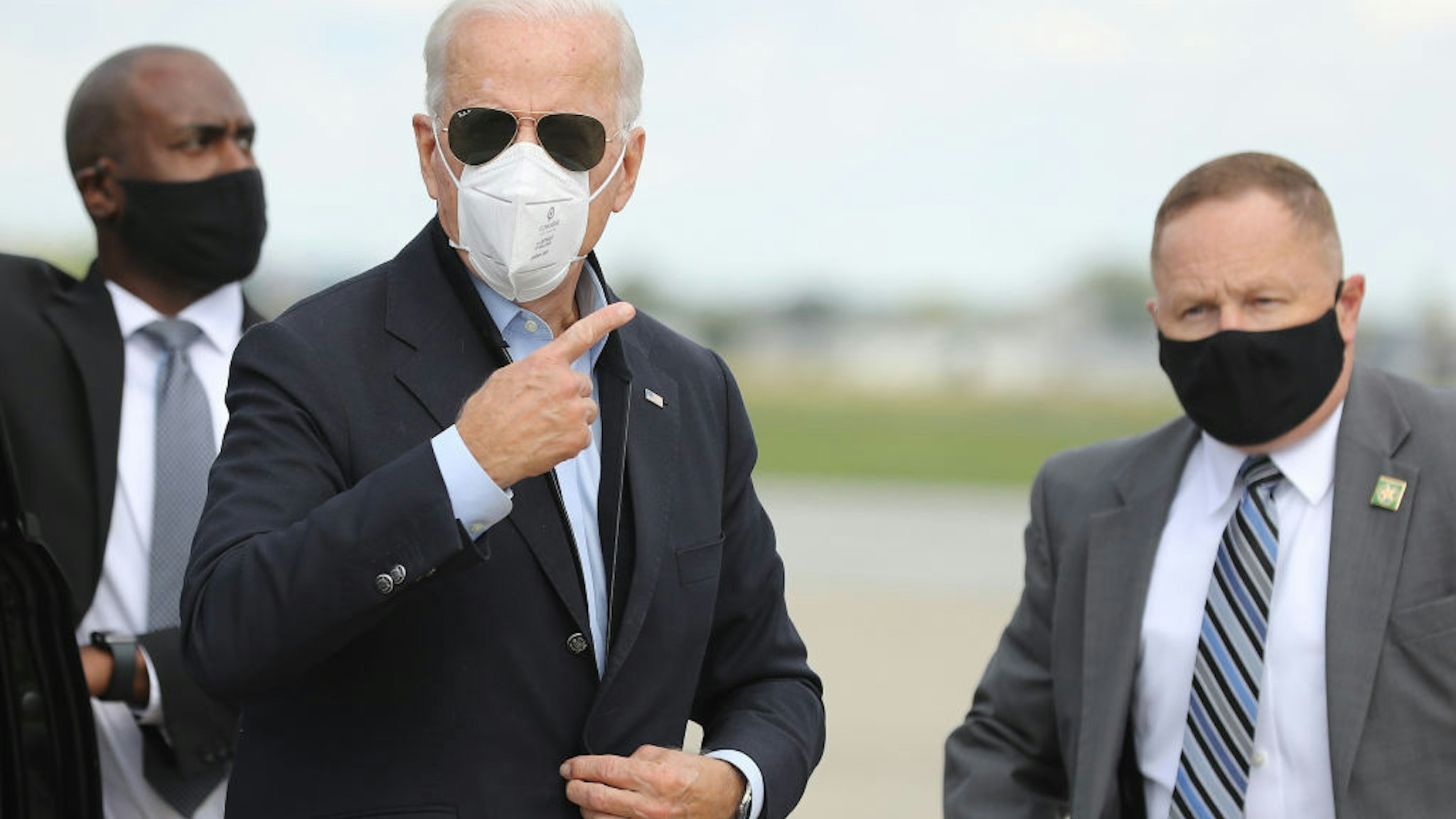 Democratic presidential nominee and former Vice President Joe Biden speaks briefly with journalists before traveling to Grand Rapids, Michigan, at New Castle County Airport October 2, 2020 in New Castle, Delaware. Biden said he tested negative twice Friday for the coronavirus after it was reported that U.S. President Donald Trump and first lady Melania Trump tested positive for COVID-19. (Photo by Chip Somodevilla/Getty Images)
