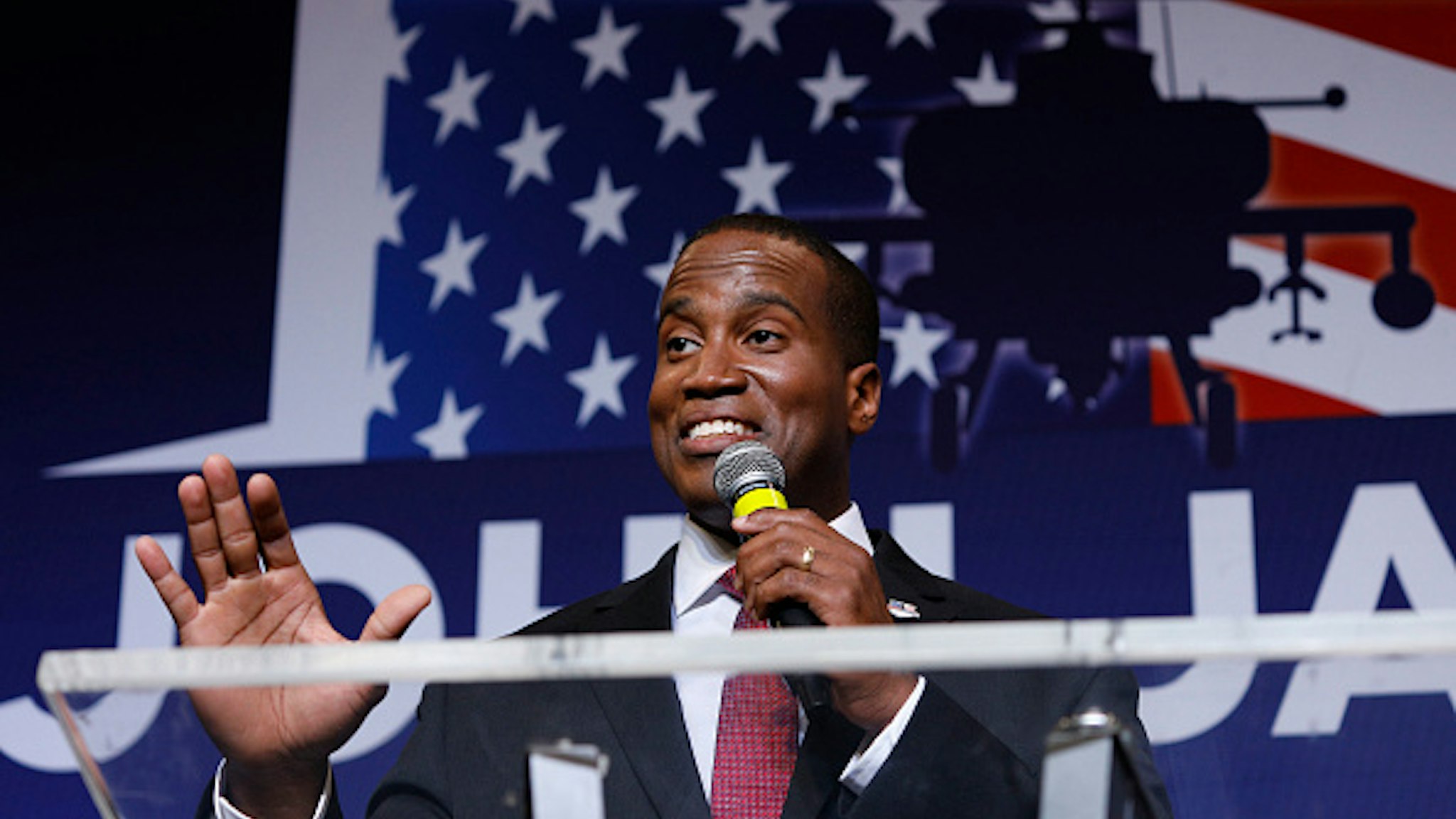 DETROIT, MI - AUGUST 7: John James, Michigan GOP Senate candidate, speaks at an election night event after winning his primary election at his business James Group International August 7th, 2018 in Detroit, Michigan. James, who has President Donald Trump's endorsement, will face Democrat incumbent Senator Debbie Stabenow (D-MI) in November.