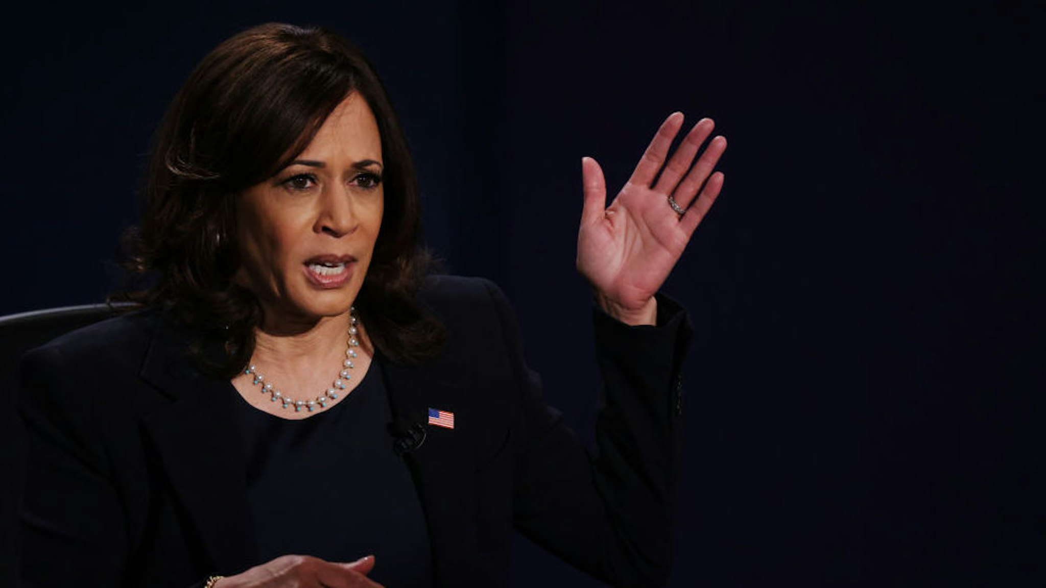 SALT LAKE CITY, UTAH - OCTOBER 07: Democratic vice presidential nominee Sen. Kamala Harris (D-CA) participates in the vice presidential debate against U.S. Vice President Mike Pence at the University of Utah on October 7, 2020 in Salt Lake City, Utah. The vice presidential candidates only meet once to debate before the general election on November 3.