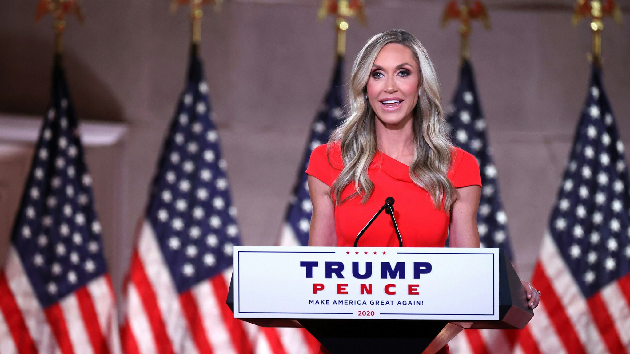 WASHINGTON, DC - AUGUST 26: Lara Trump, daughter-in-law and campaign advisor for U.S. President Donald Trump, pre-records her address to the Republican National Convention from inside an empty Mellon Auditorium on August 26, 2020 in Washington, DC. The novel coronavirus pandemic has forced the Republican Party to move away from an in-person convention to a televised format, similar to the Democratic Party's convention a week earlier.